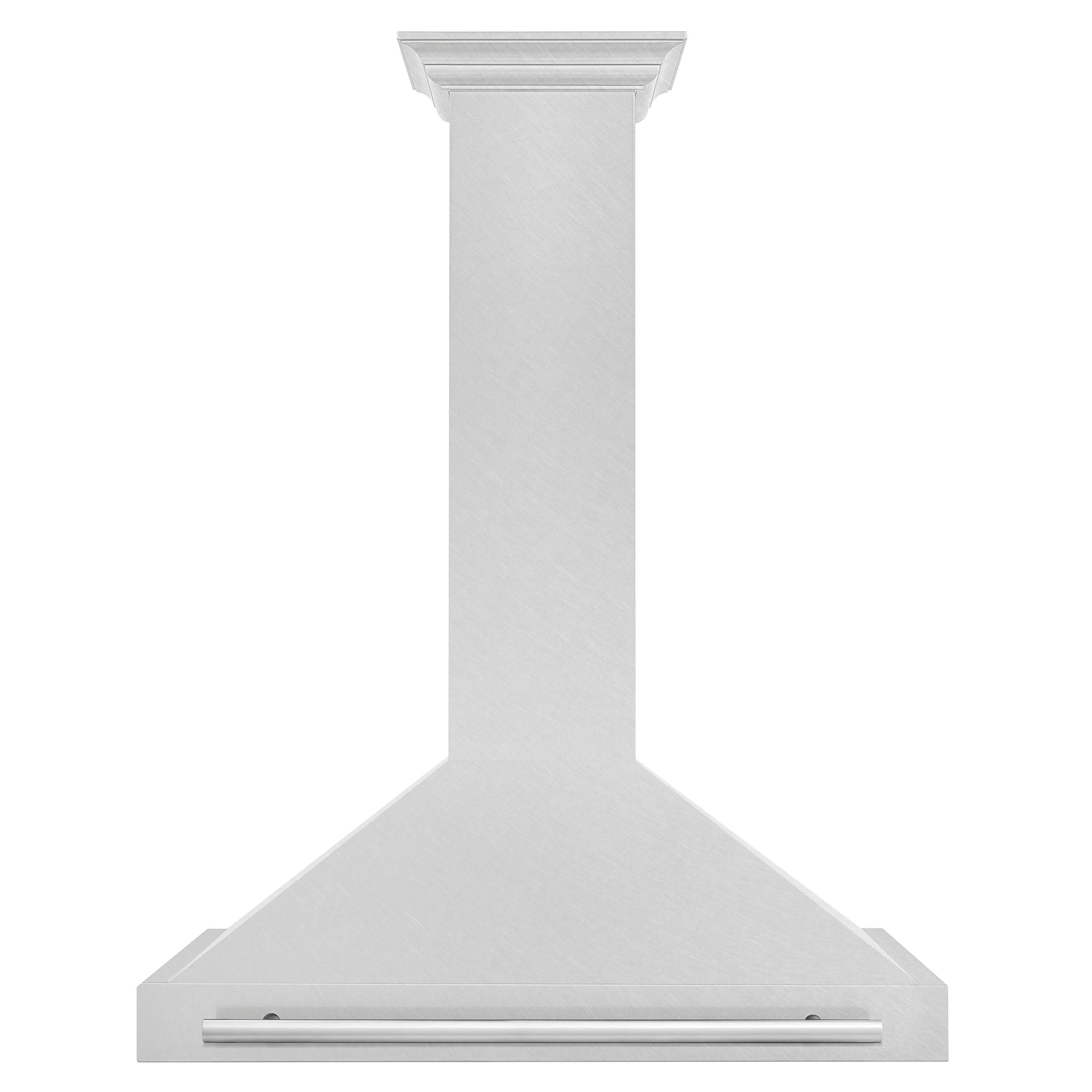 ZLINE wall-mounted range hood, satin stainless chimney with horizontal push handle.