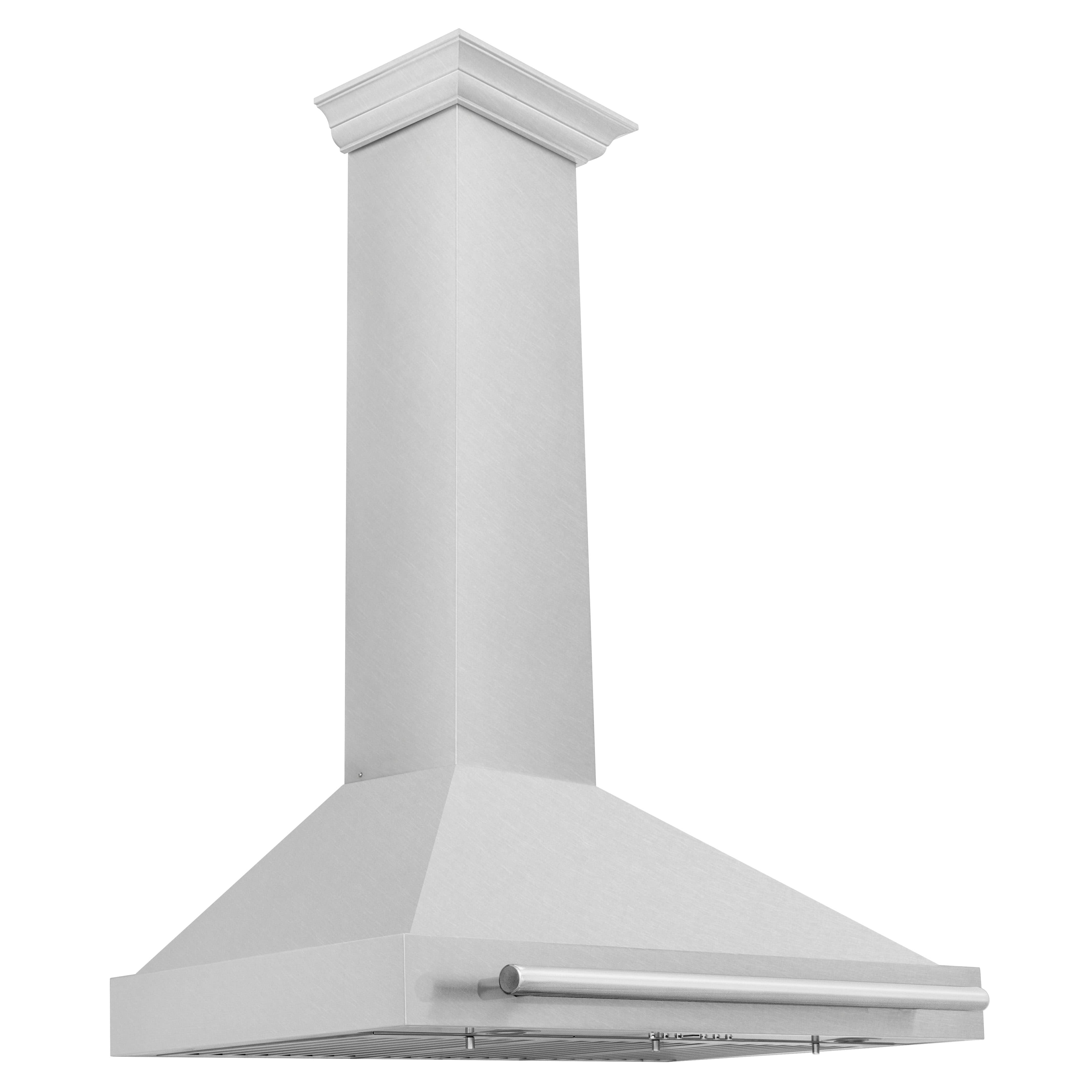Wall-mounted satin stainless steel range hood with front control handle, front view.