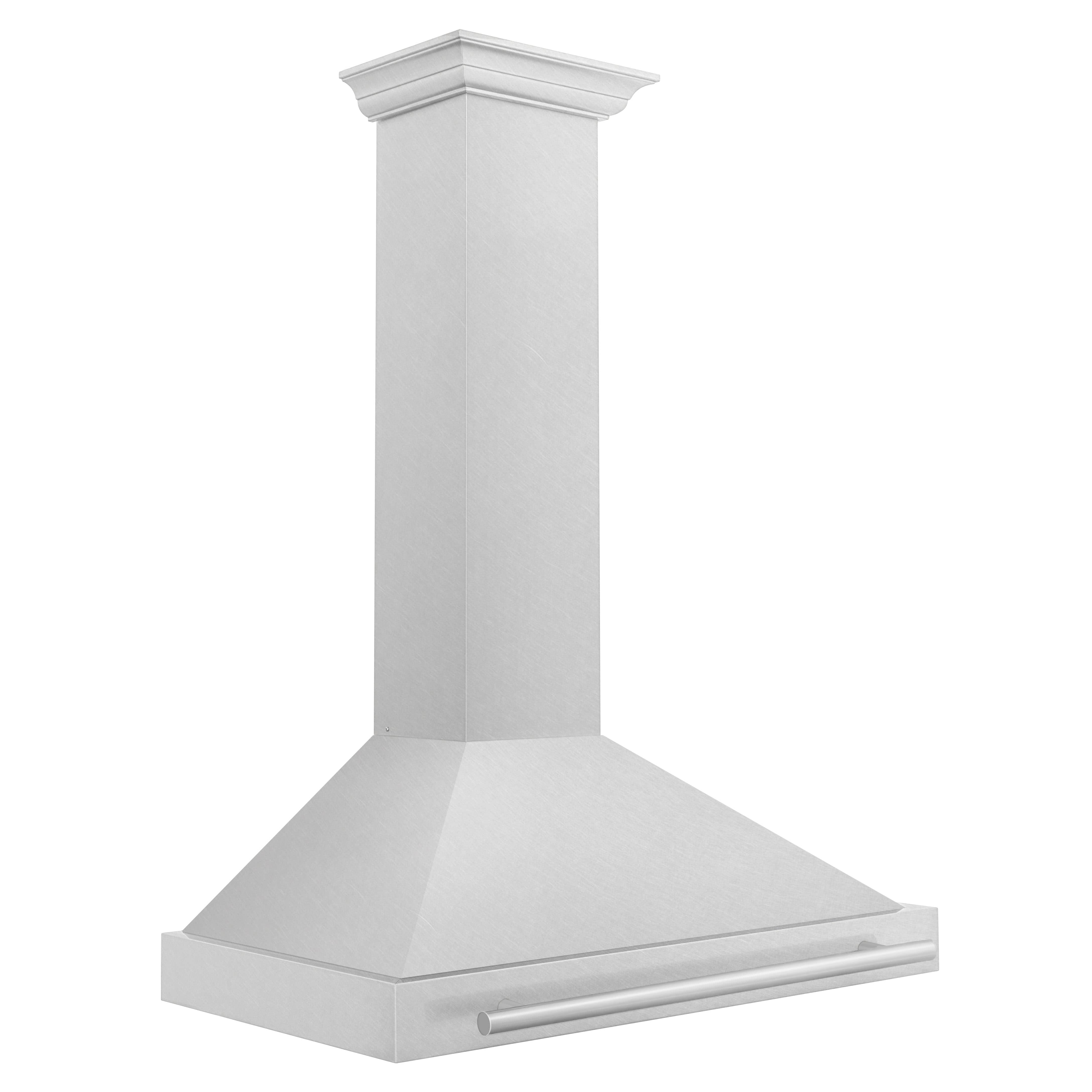 Wall-mounted satin stainless steel range hood chimney with flat vent hood top, angled view.