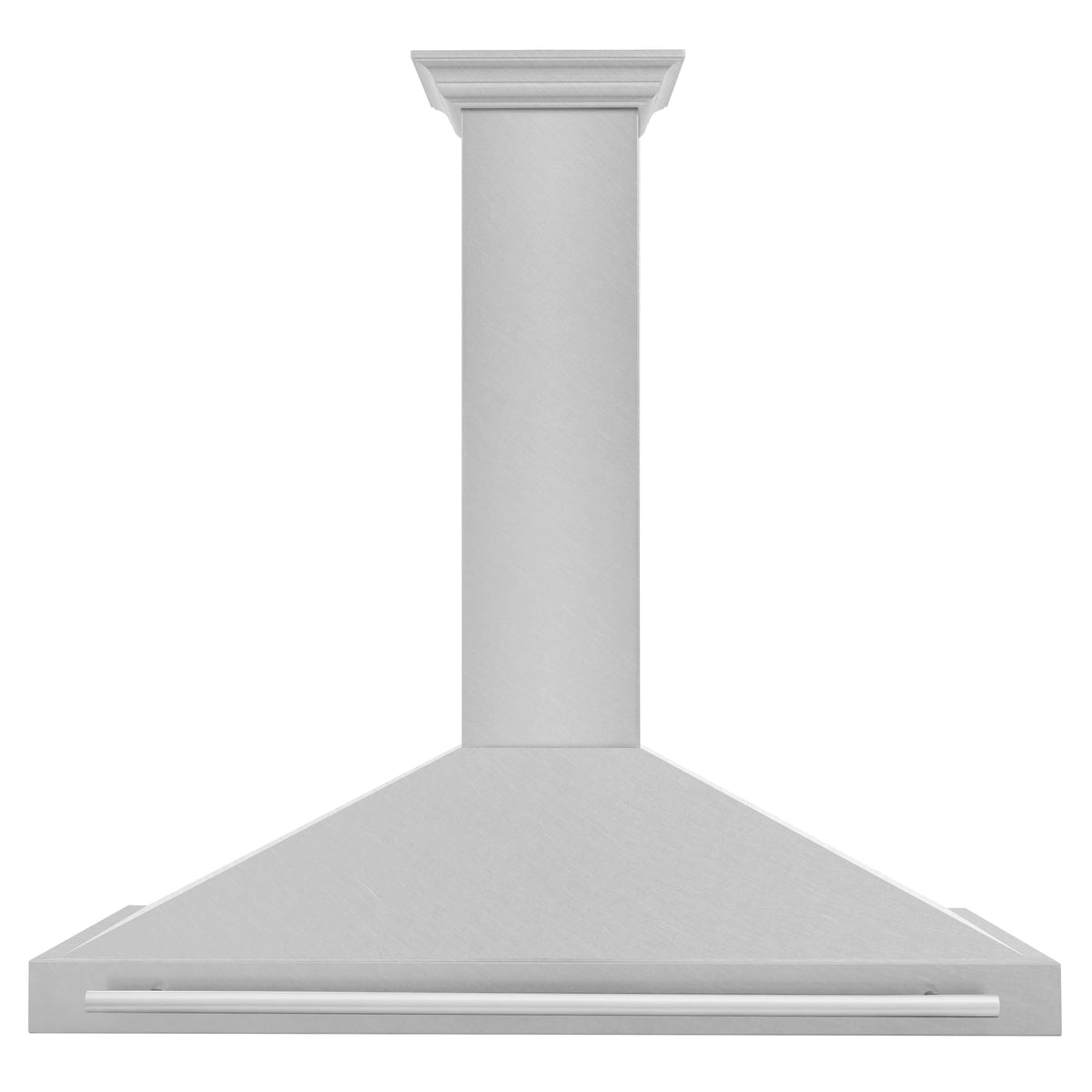 Satin stainless steel wall-mounted range hood with tall chimney and flat canopy front