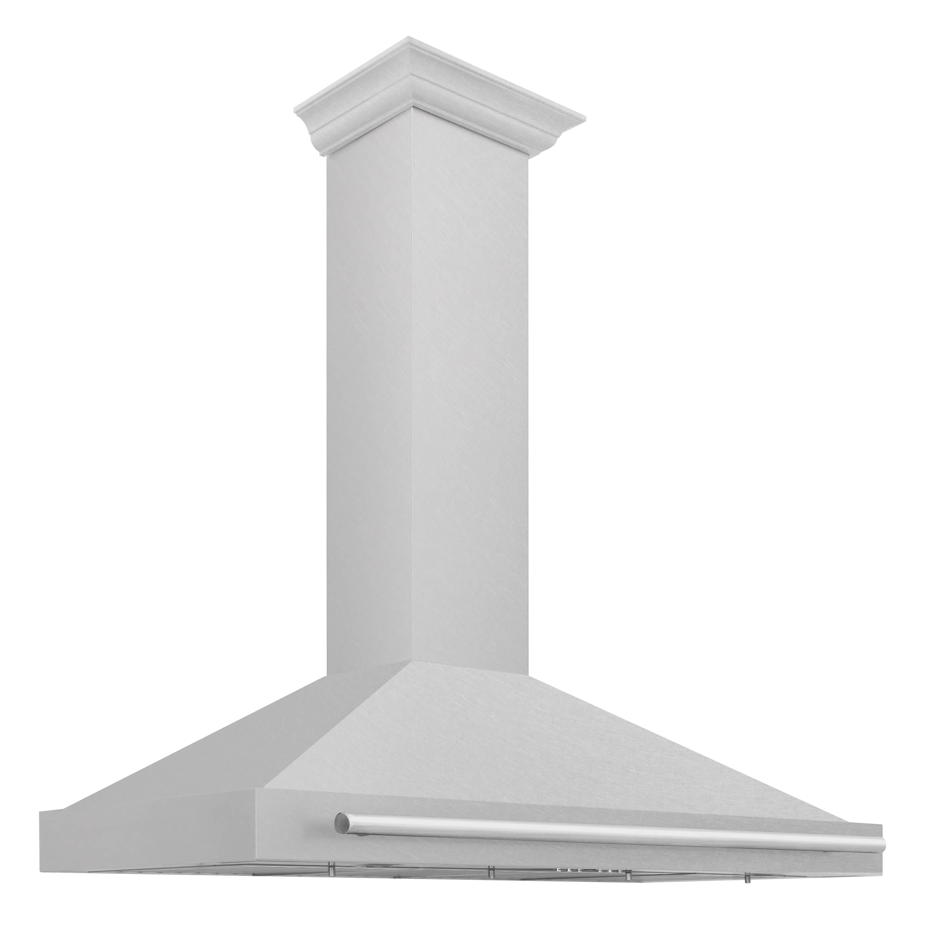 Satin stainless steel wall-mounted range hood with chimney and recessed handle