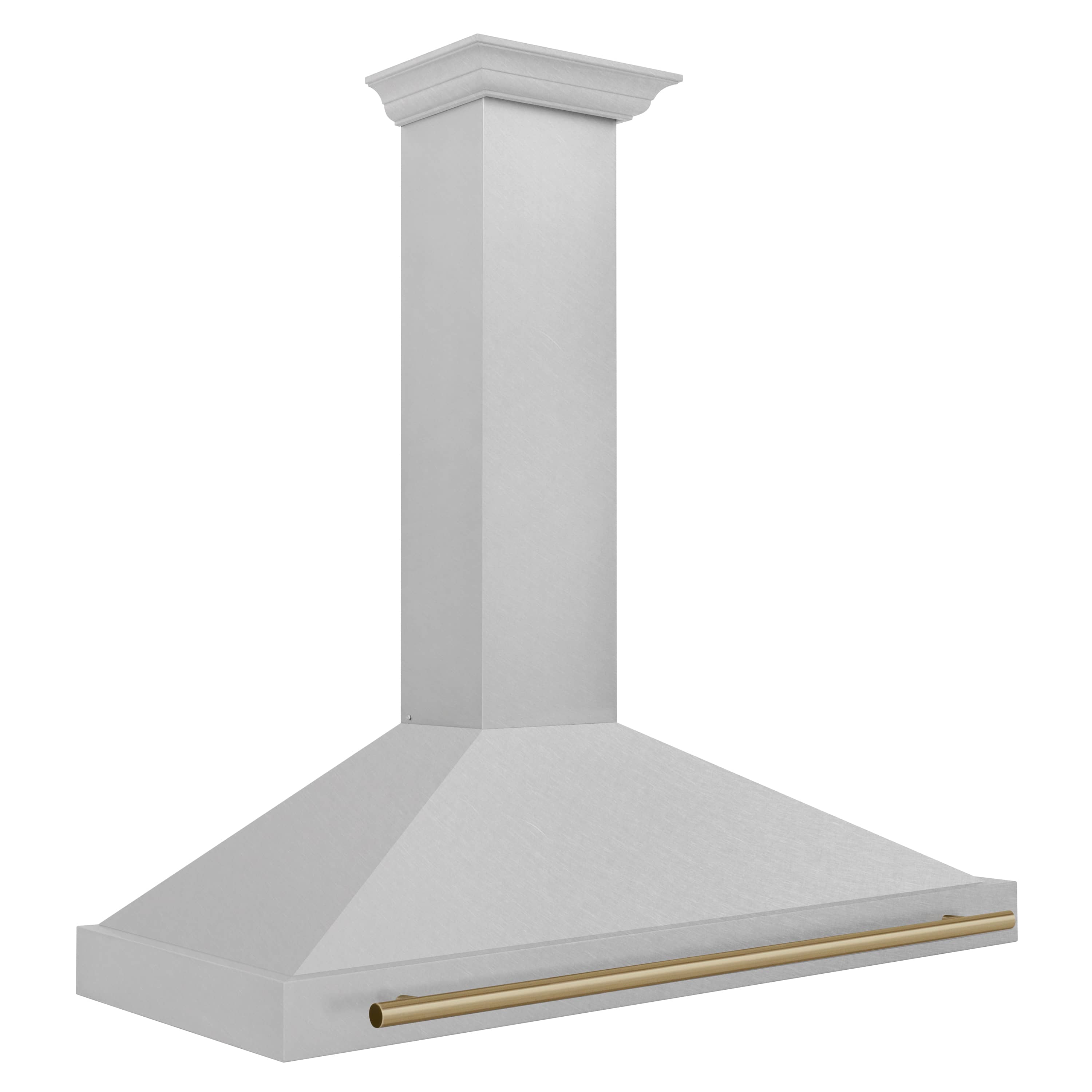 Wall-mounted range hood canopy in satin stainless with champagne bronze edge