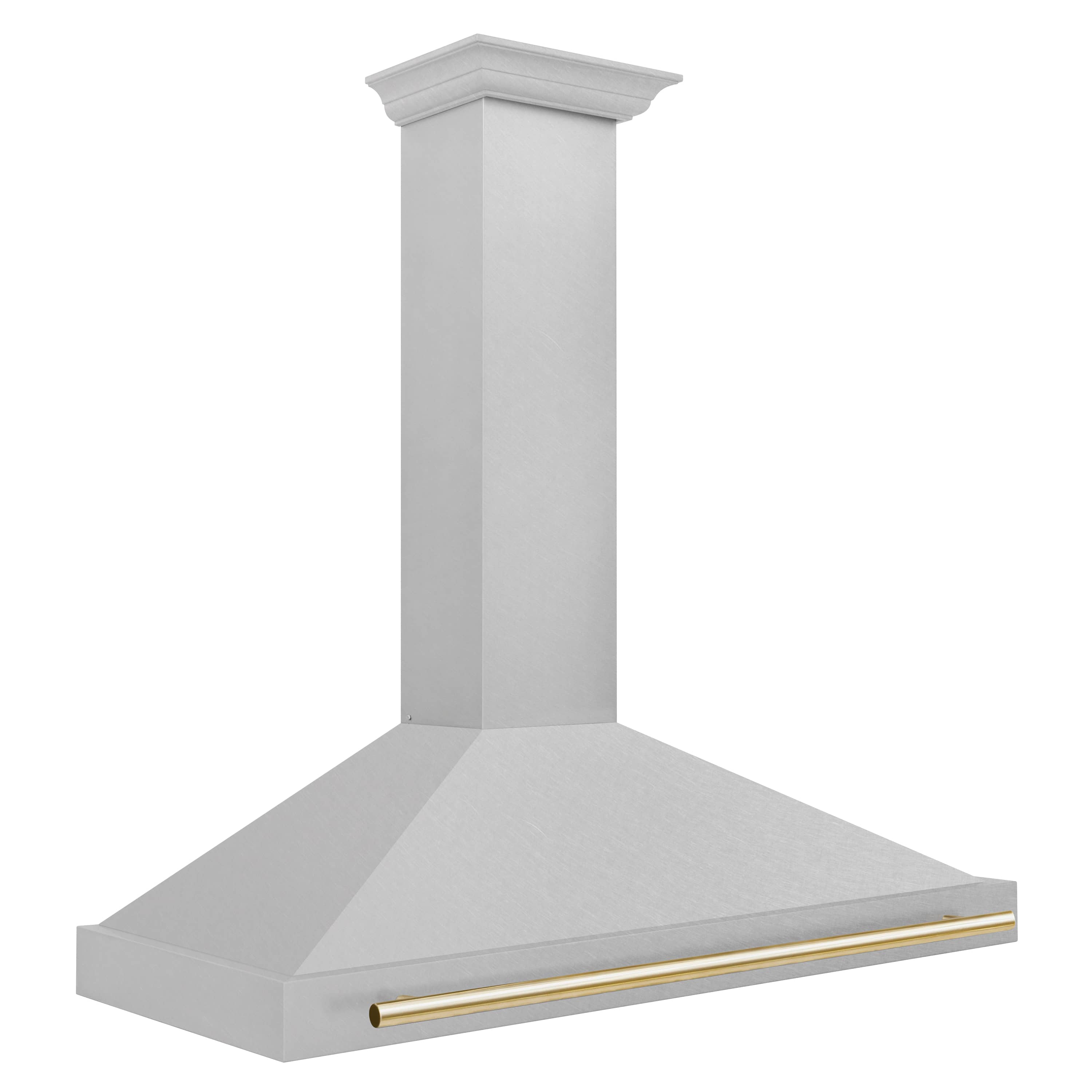 Wall-mounted range hood with satin stainless steel canopy and gold front trim bar