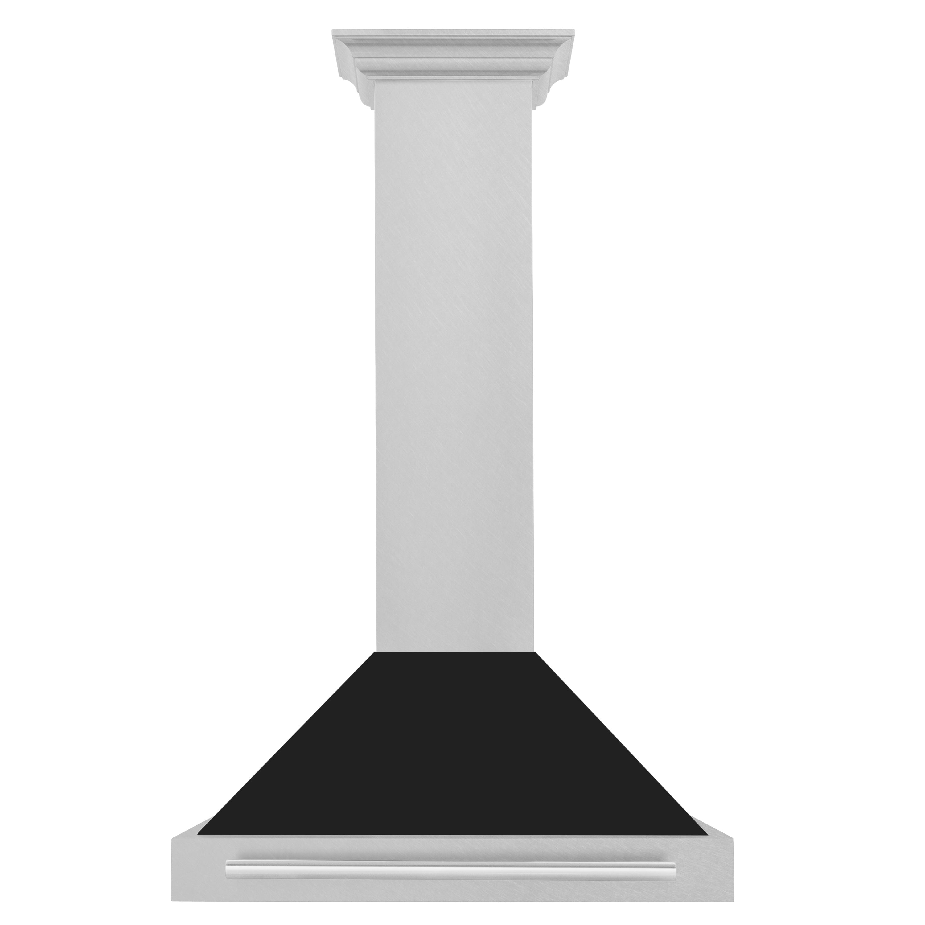 Wall-mounted range hood with black matte canopy under satin stainless chimney