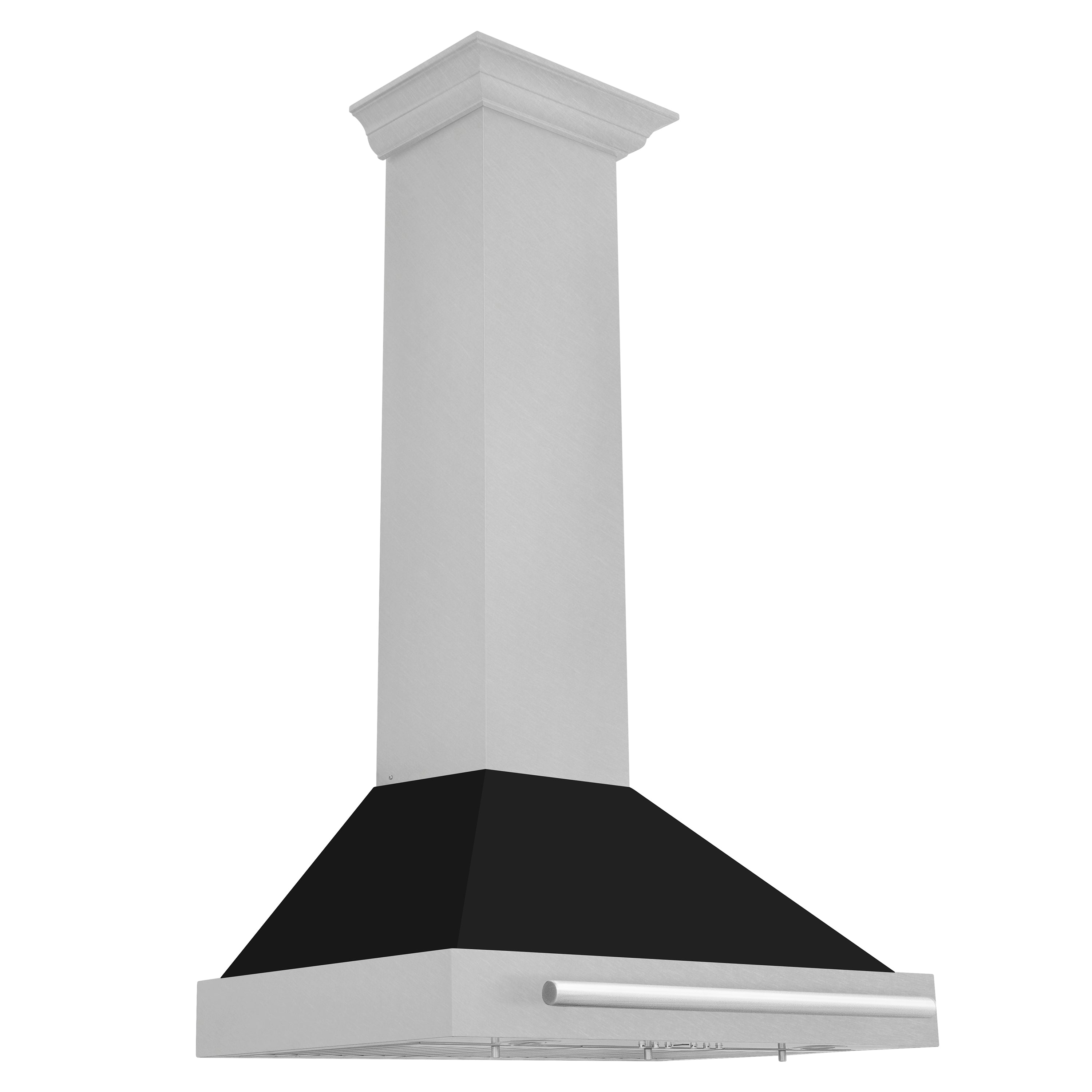 Wall-mounted range hood with satin stainless chimney, black canopy, and front bar