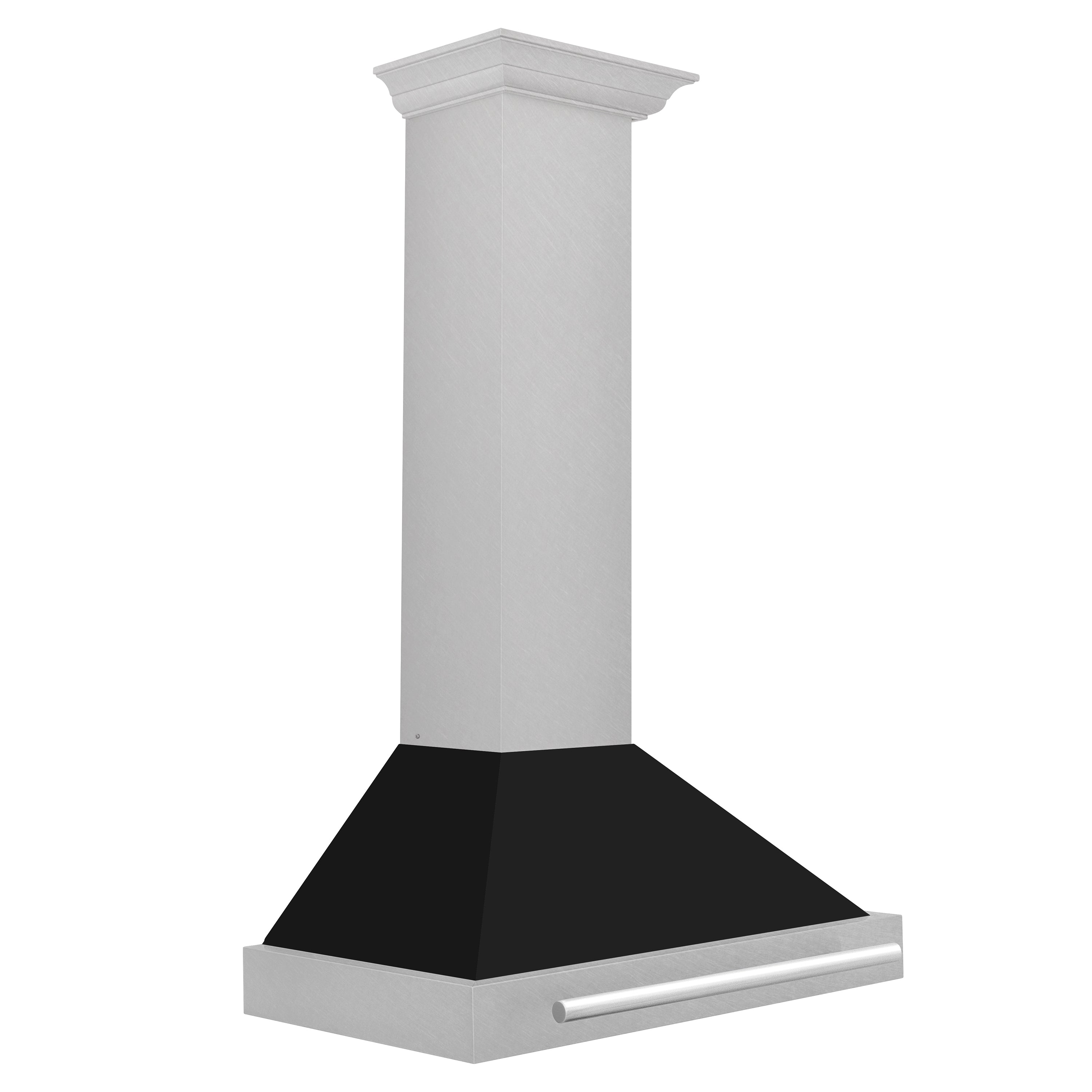 Wall-mounted range hood with satin stainless chimney, black canopy, and wide front bar