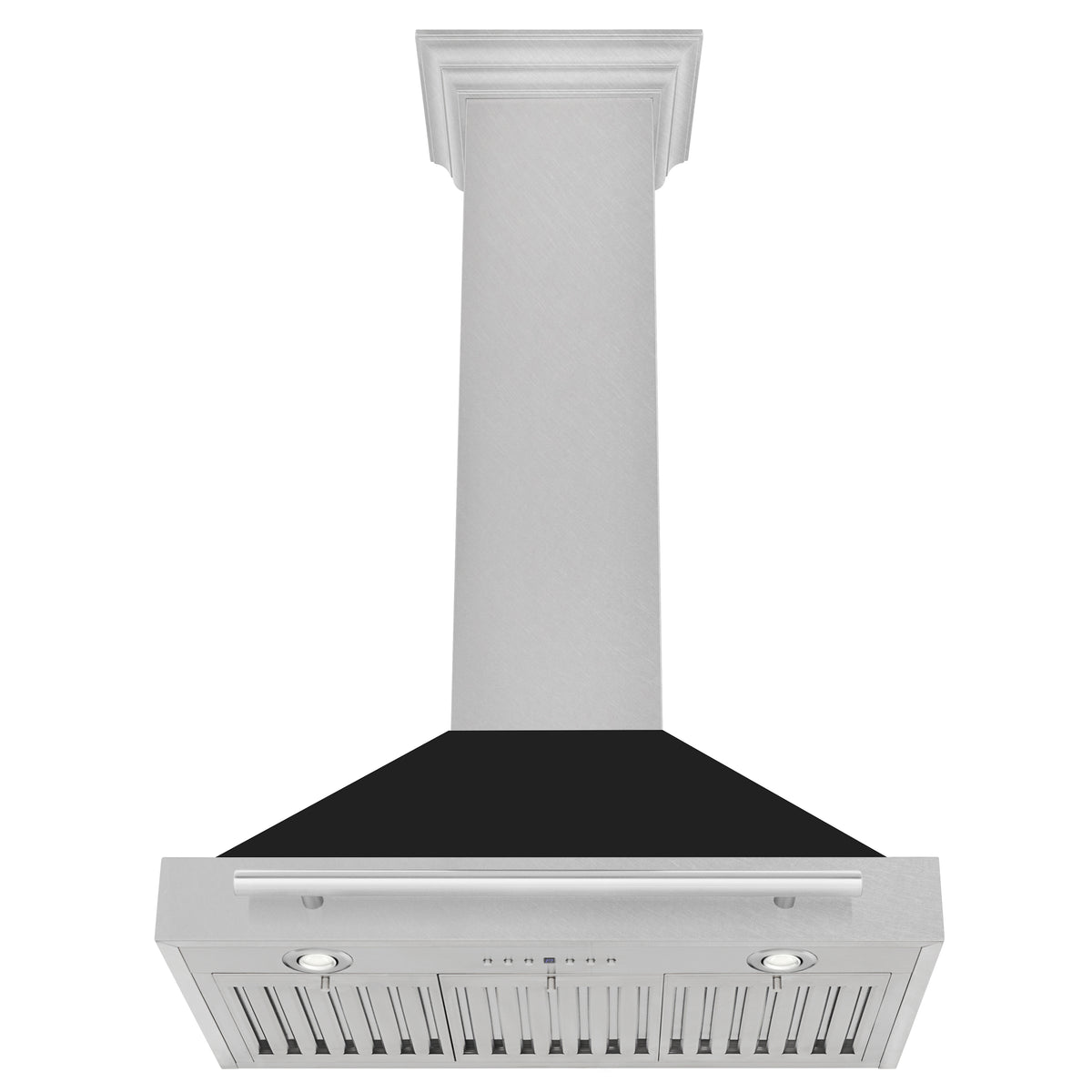 Wall-mounted range hood with satin stainless chimney, black canopy, and vented filter panel