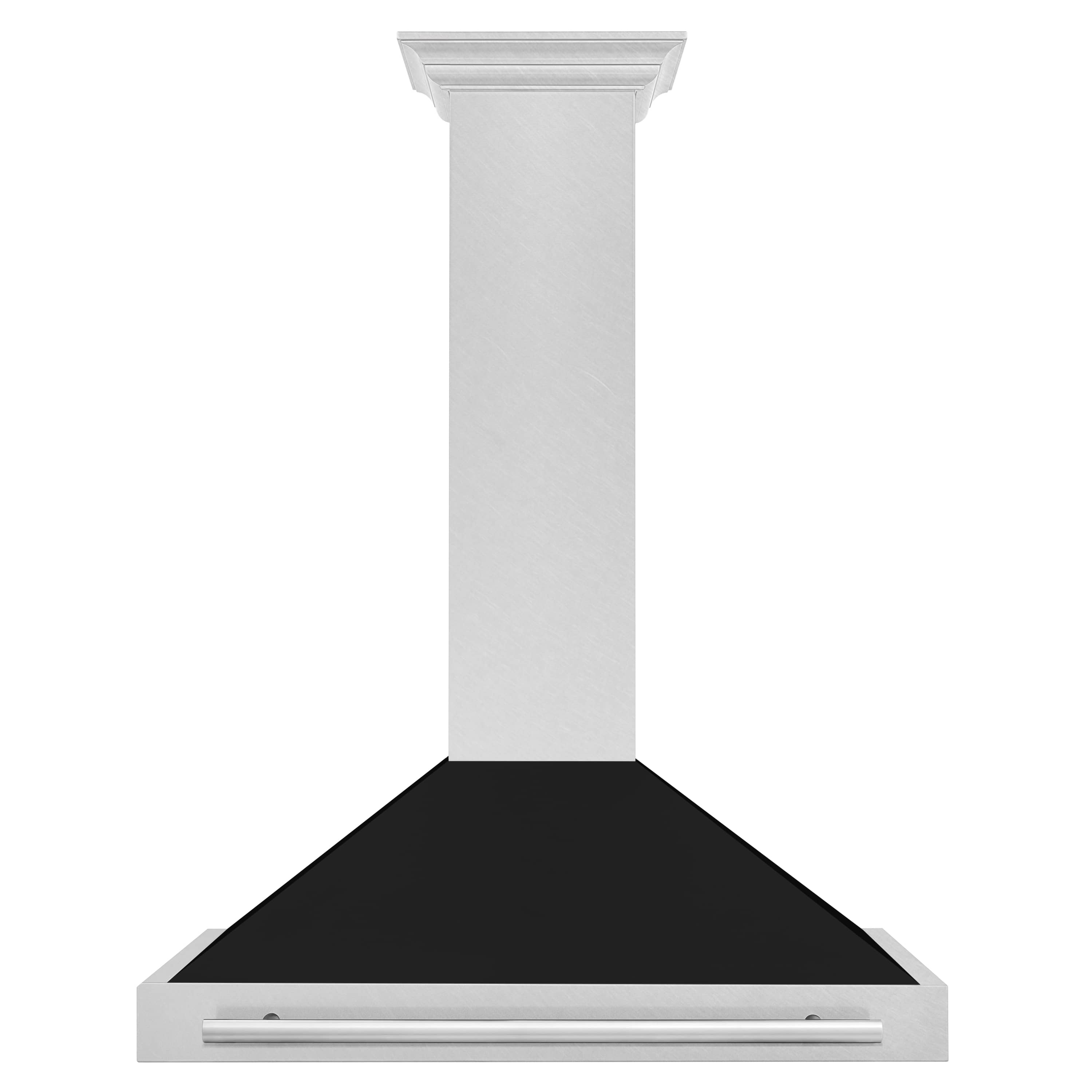 Wall-mounted range hood with satin stainless chimney and black matte vent hood
