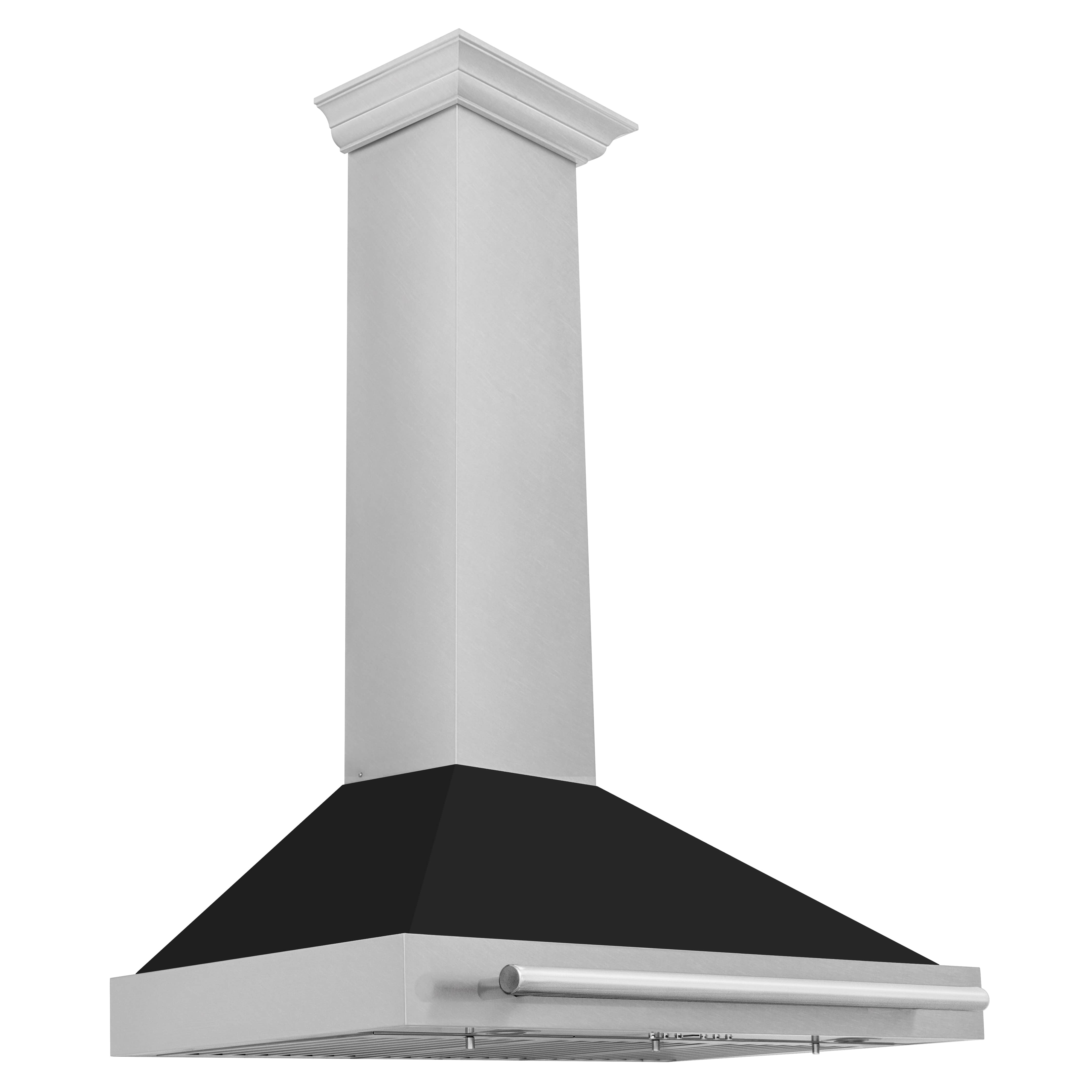 Wall-mounted range hood in satin stainless with black matte underside and front handle bar