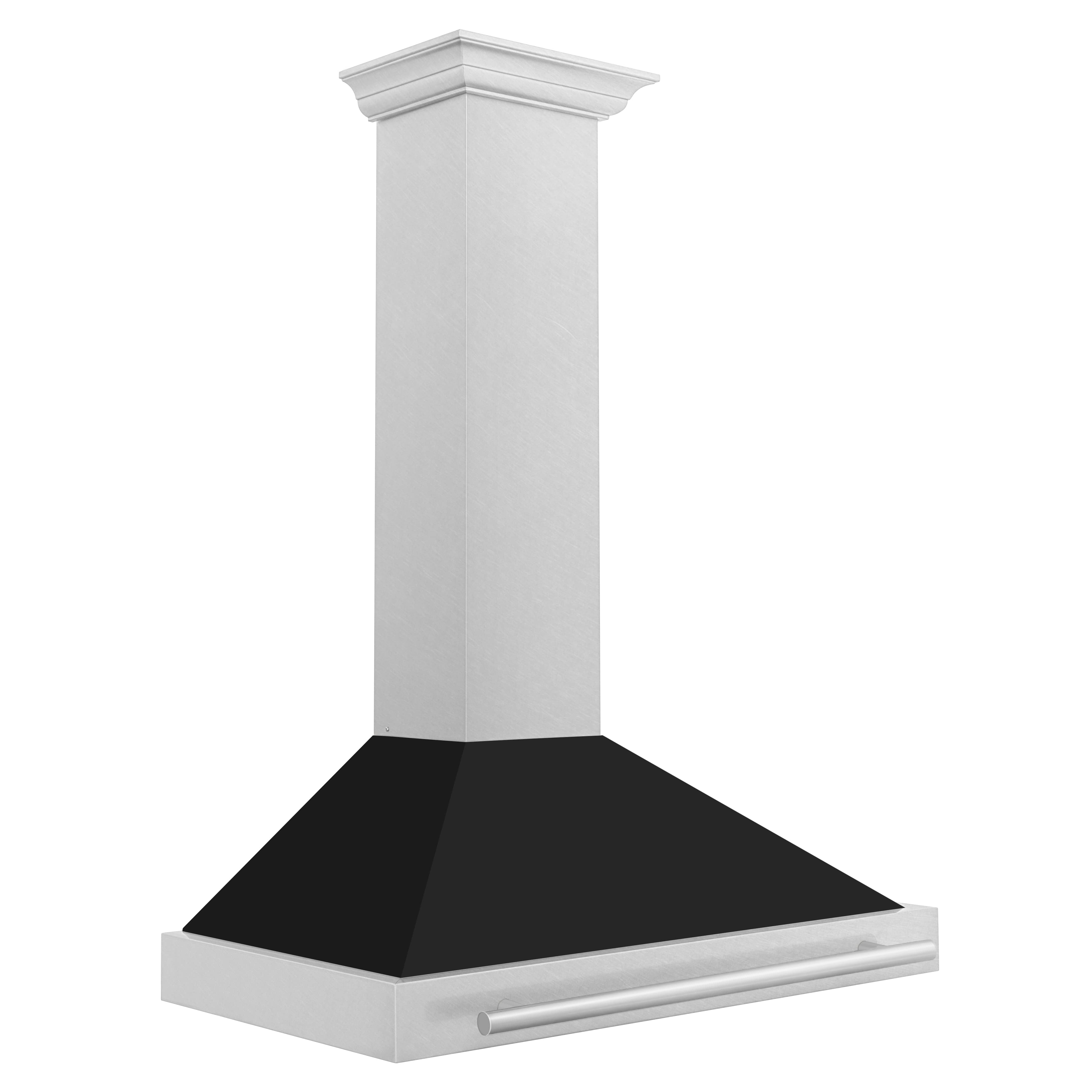 Wall-mounted range hood with satin stainless chimney and black matte canopy with front lip