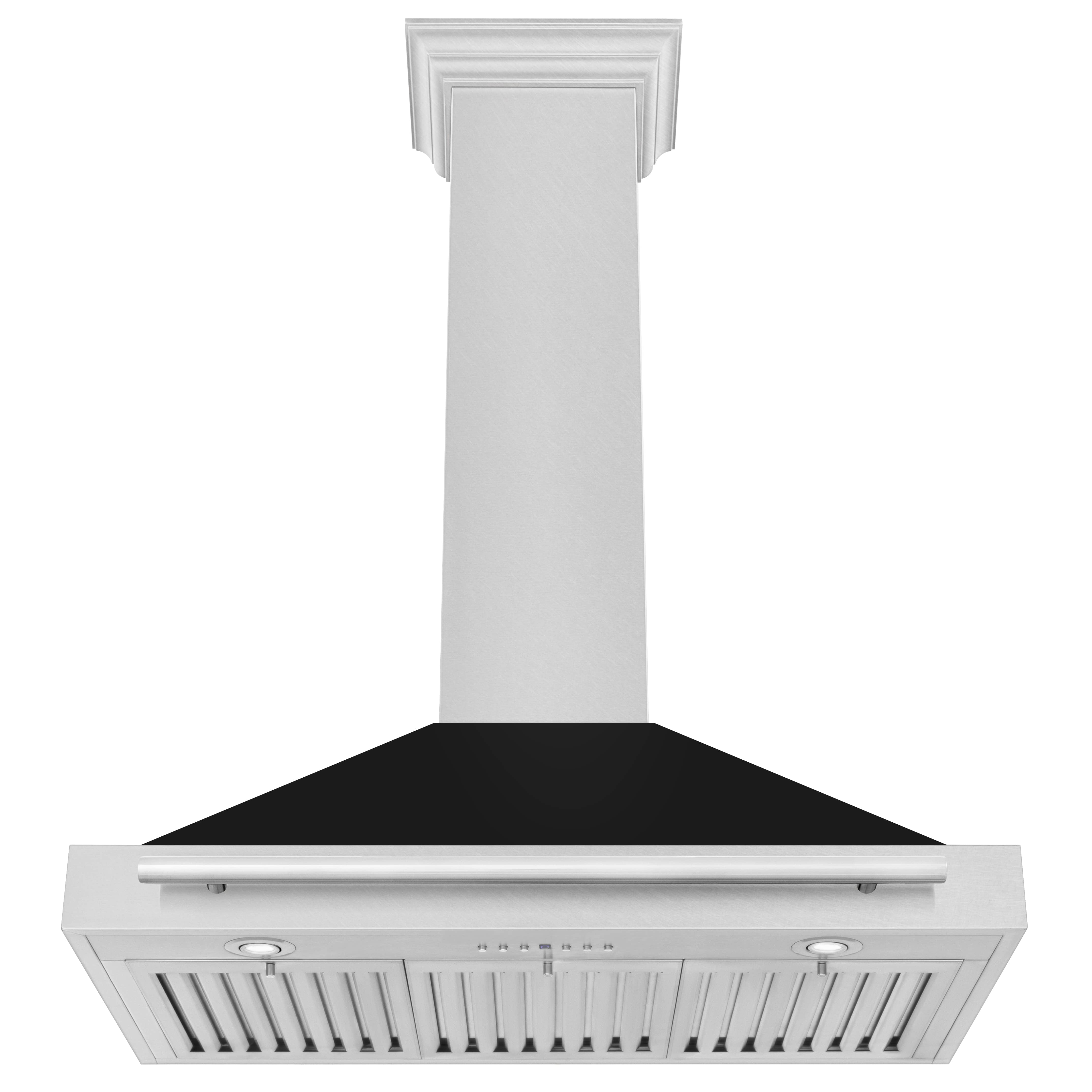 Wall-mounted range hood with stainless chimney and black matte canopy with vent grille