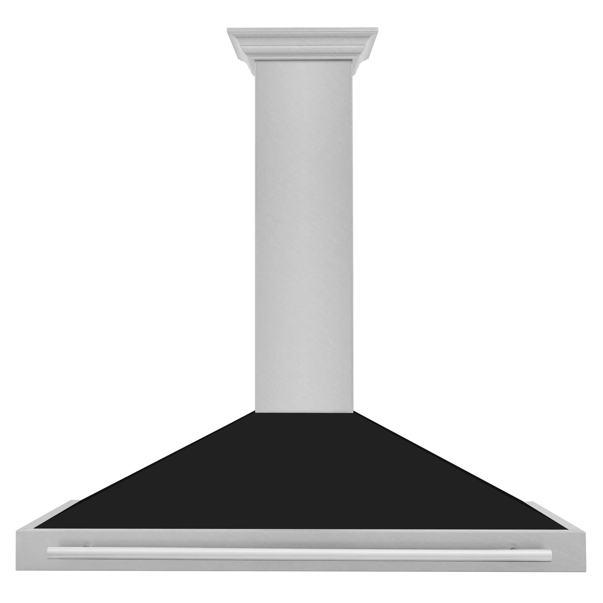 Wall-mounted range hood with satin stainless chimney and black matte canopy