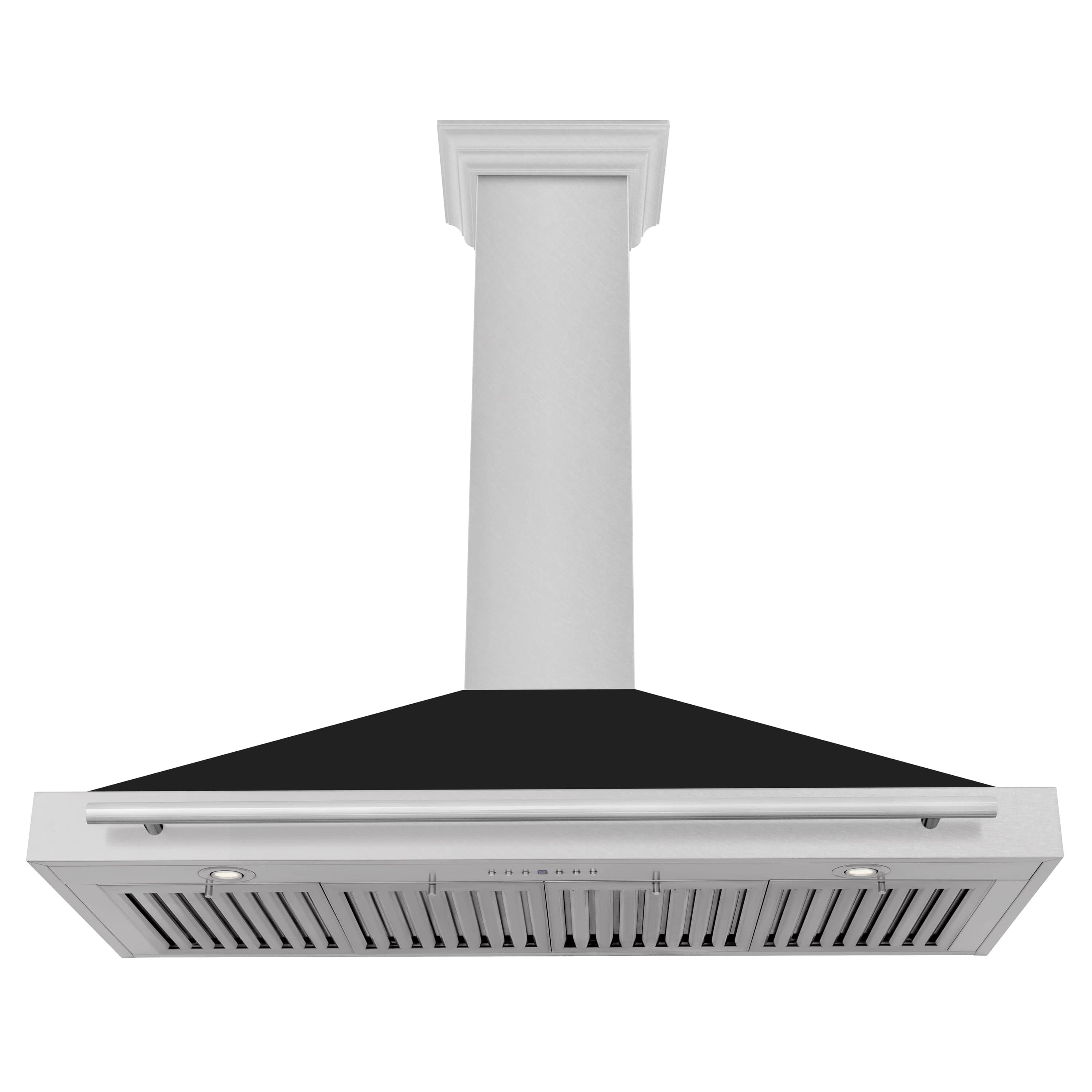 Wall-mounted range hood underside with satin stainless trim, black baffle, and louvers