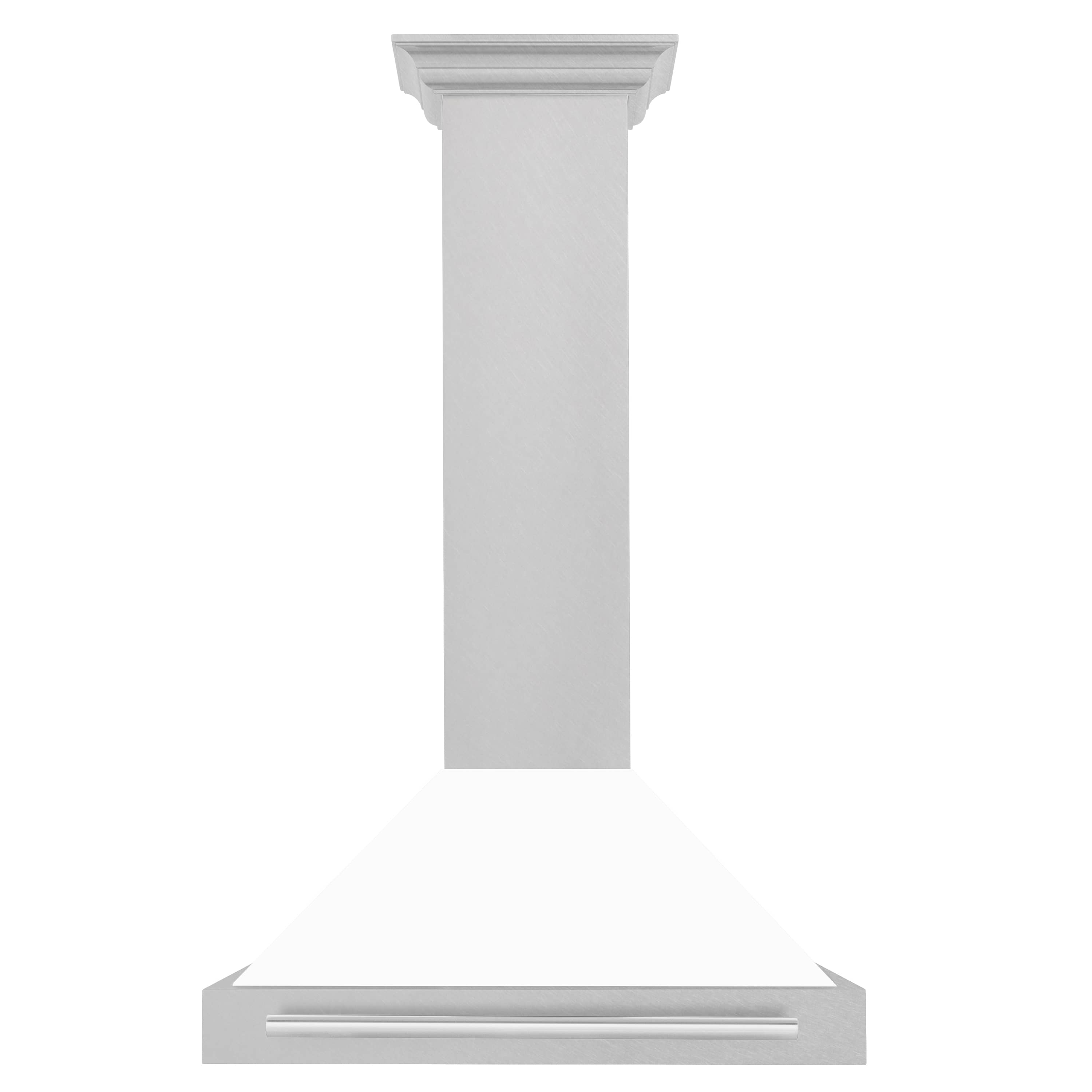Wall-mounted range hood with white matte chimney and satin stainless horizontal vent trim.