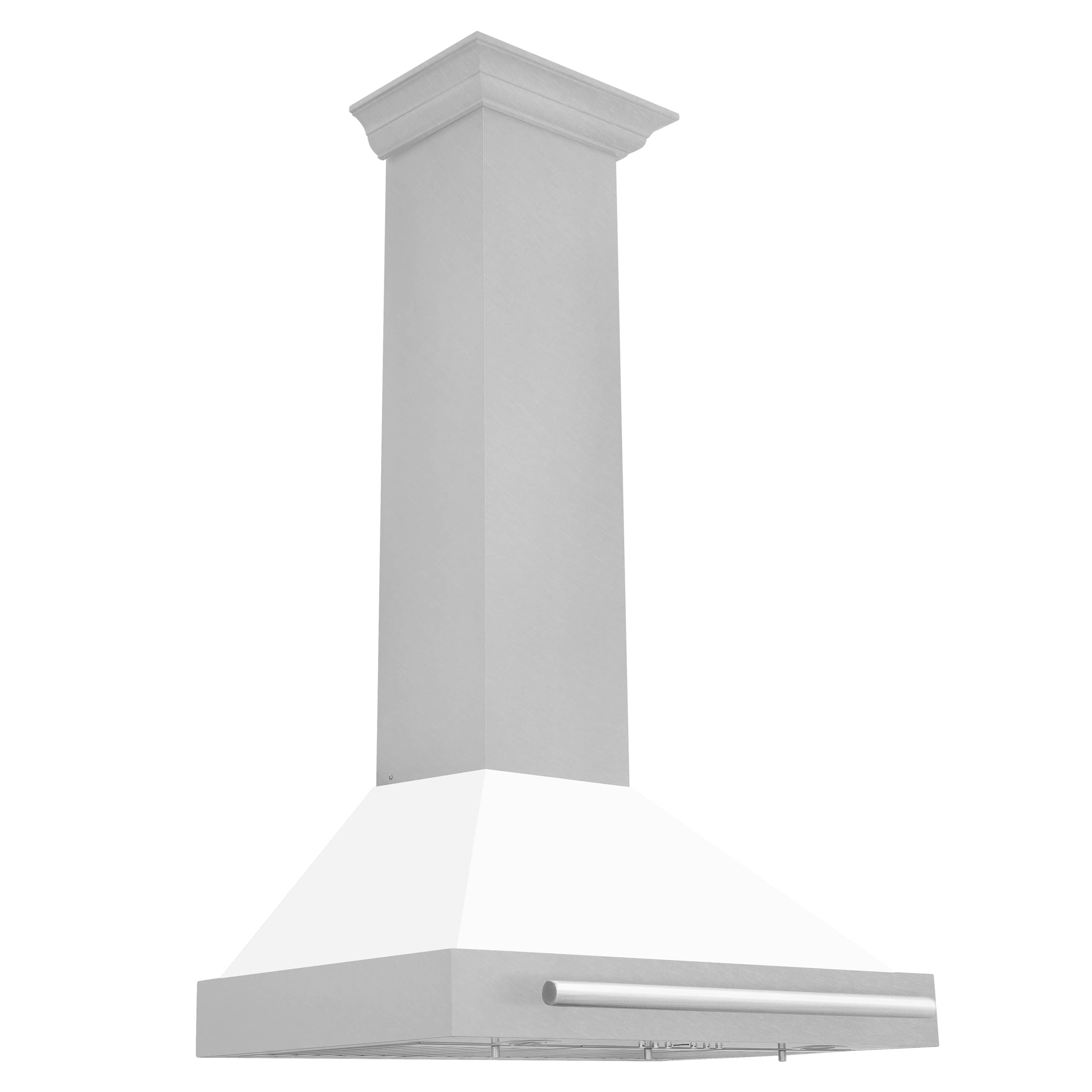Wall-mounted range hood in white matte with satin stainless underside and front bar handle.
