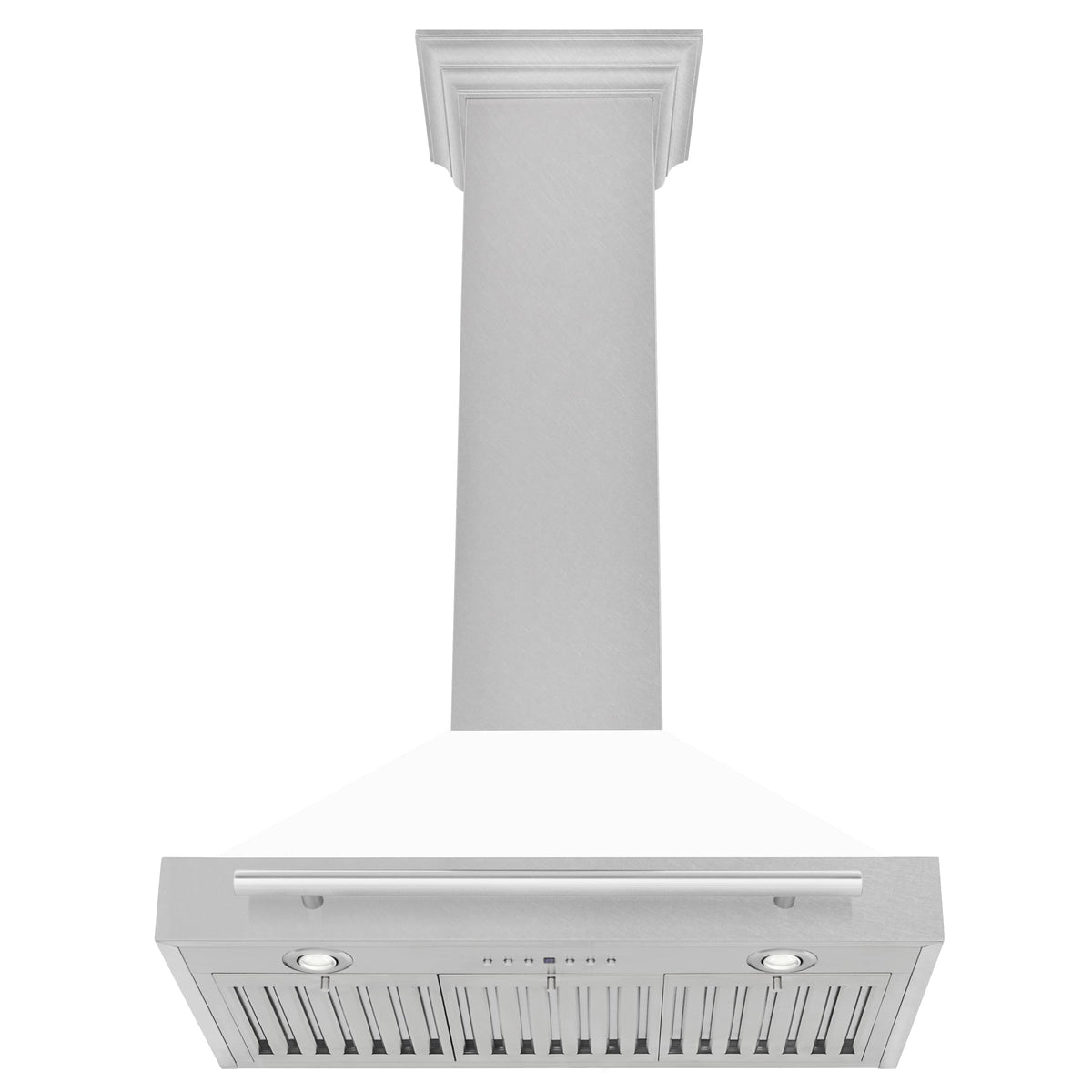 Wall-mounted range hood with white matte chimney, satin stainless vent grille, and control knobs.
