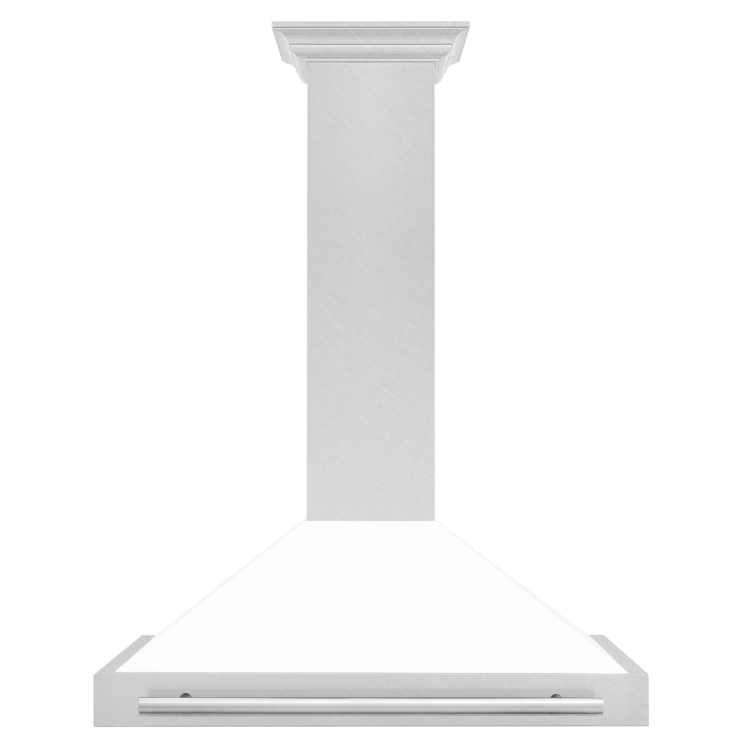 Wall-mounted range hood with white matte shell and satin stainless steel trim