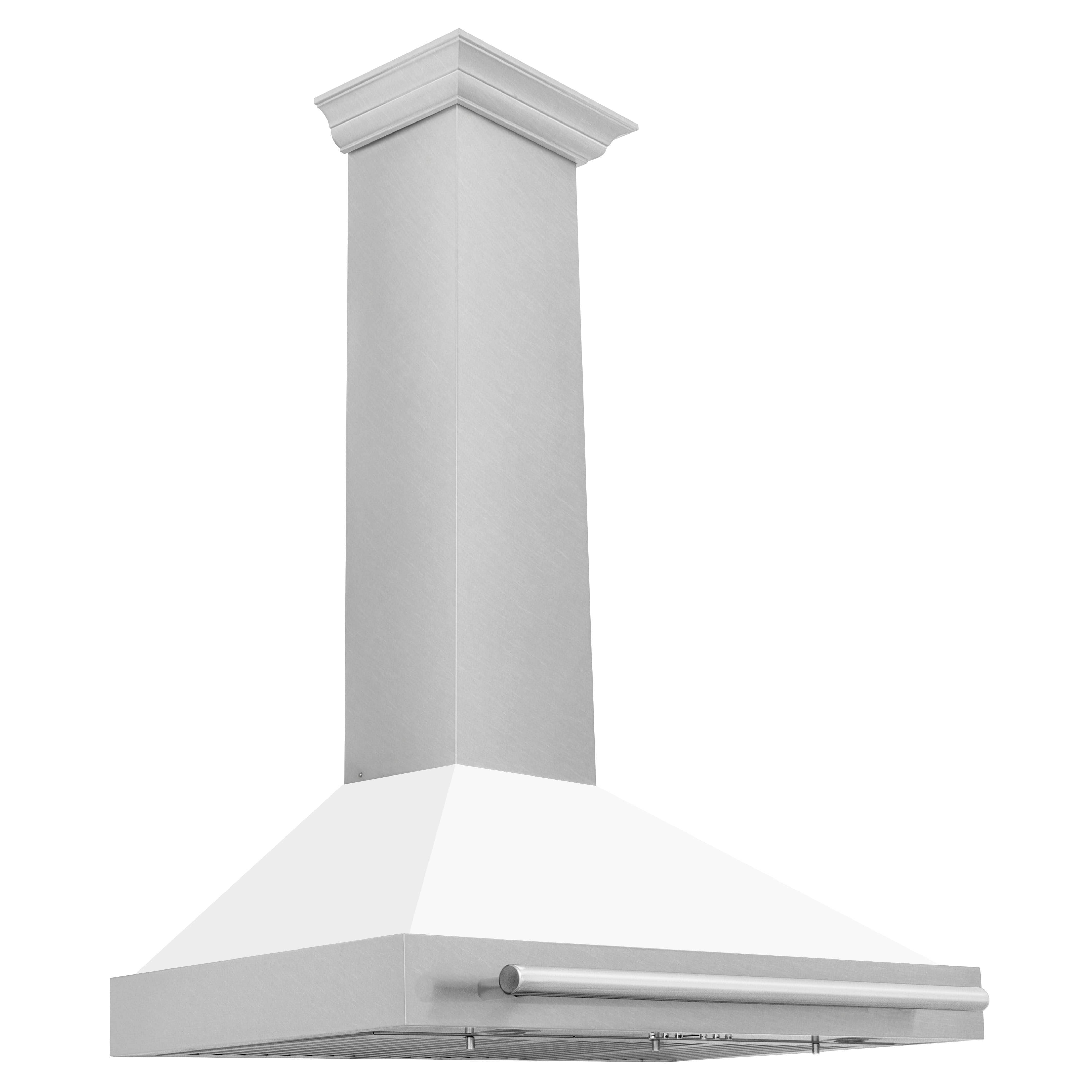 Wall-mounted range hood with white matte chimney and stainless steel handle bar