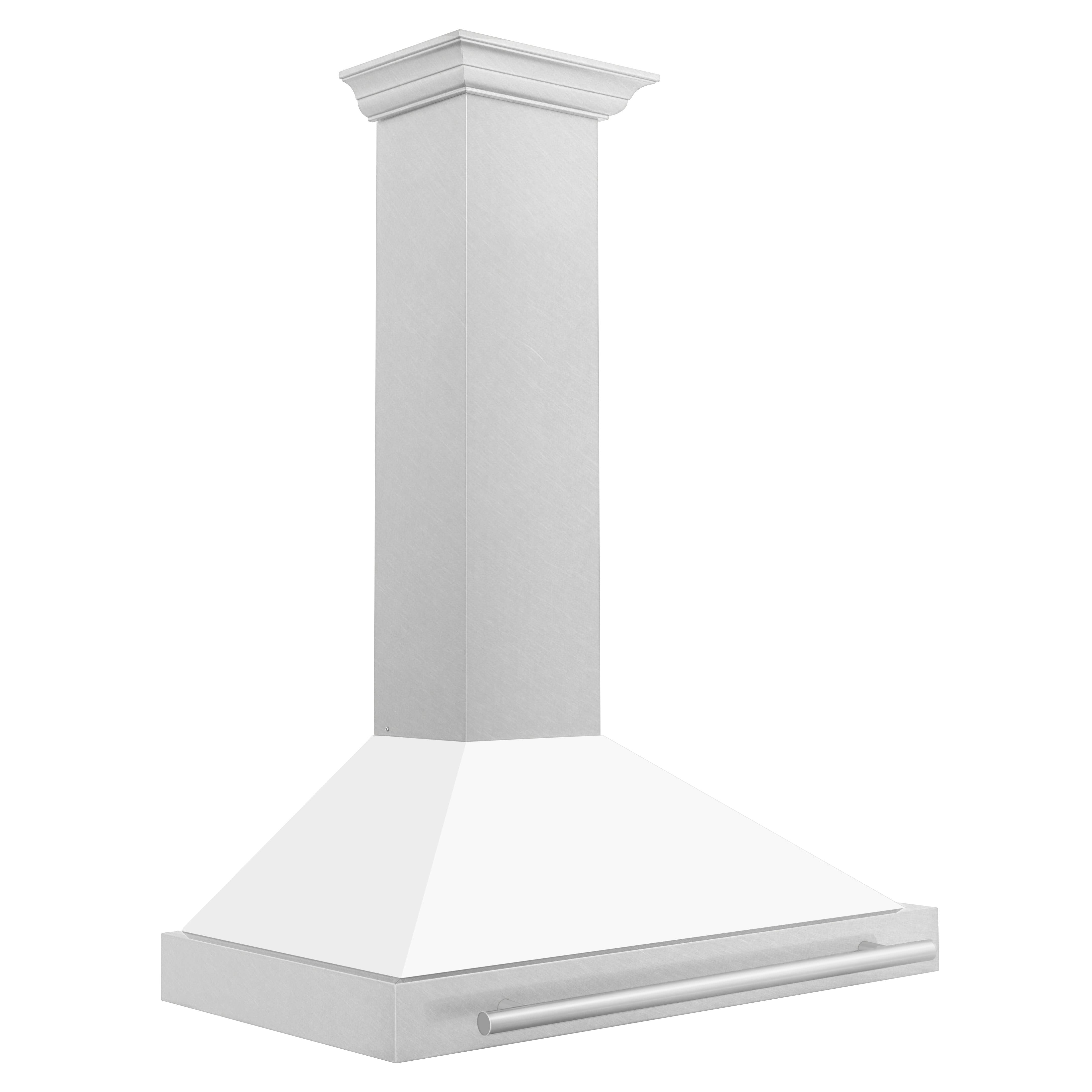 Wall-mounted range hood with white chimney body and smooth satin stainless steel top
