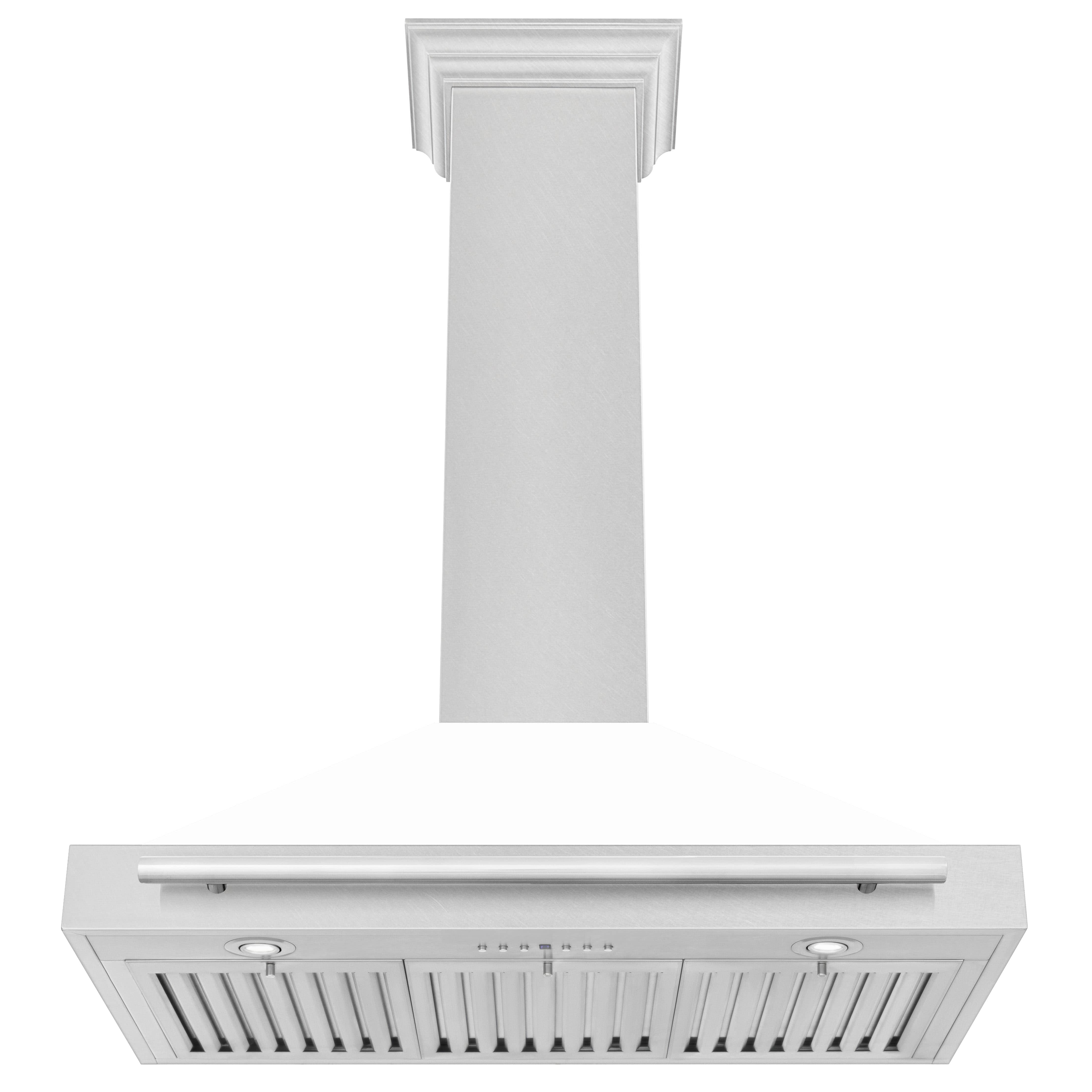 Wall-mounted range hood underside with stainless baffle filters and white chimney column