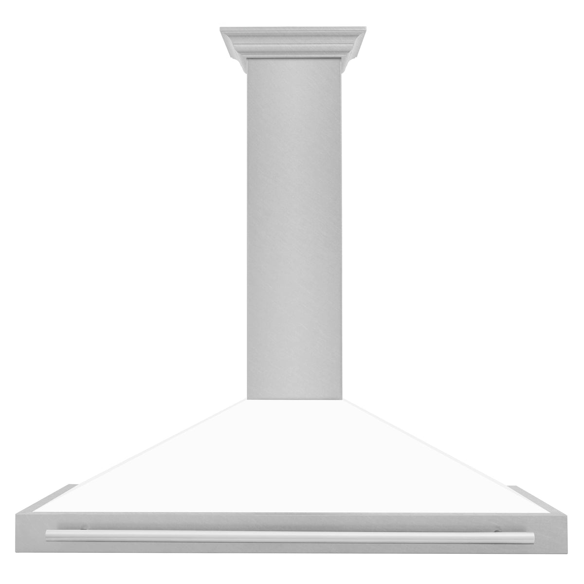 Wall-mounted range hood with white matte chimney and flat stainless baffle