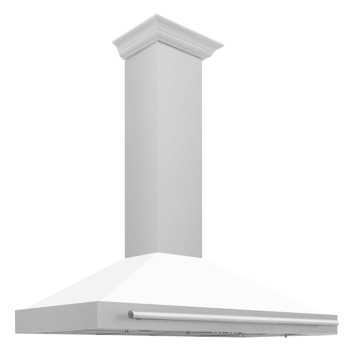 Wall-mounted range hood with white matte chimney and satin stainless front edge