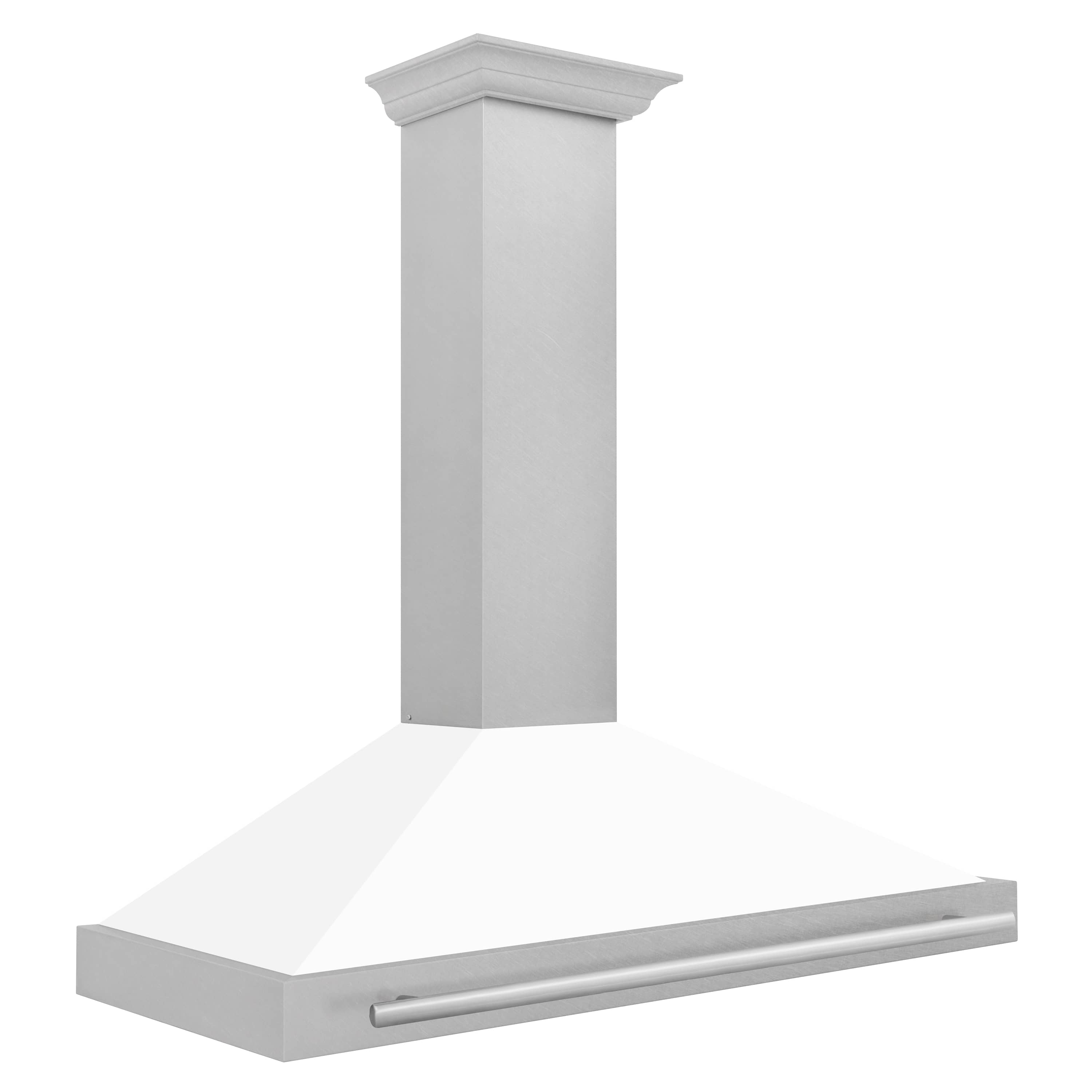 Wall-mounted range hood with white matte chimney and satin stainless vented canopy