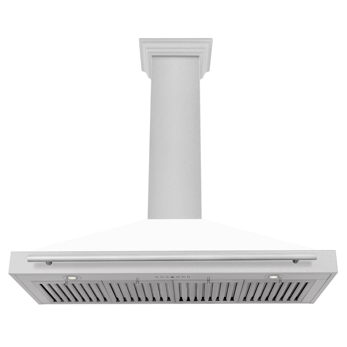 Wall-mounted range hood underside with stainless vent grilles and front control bar