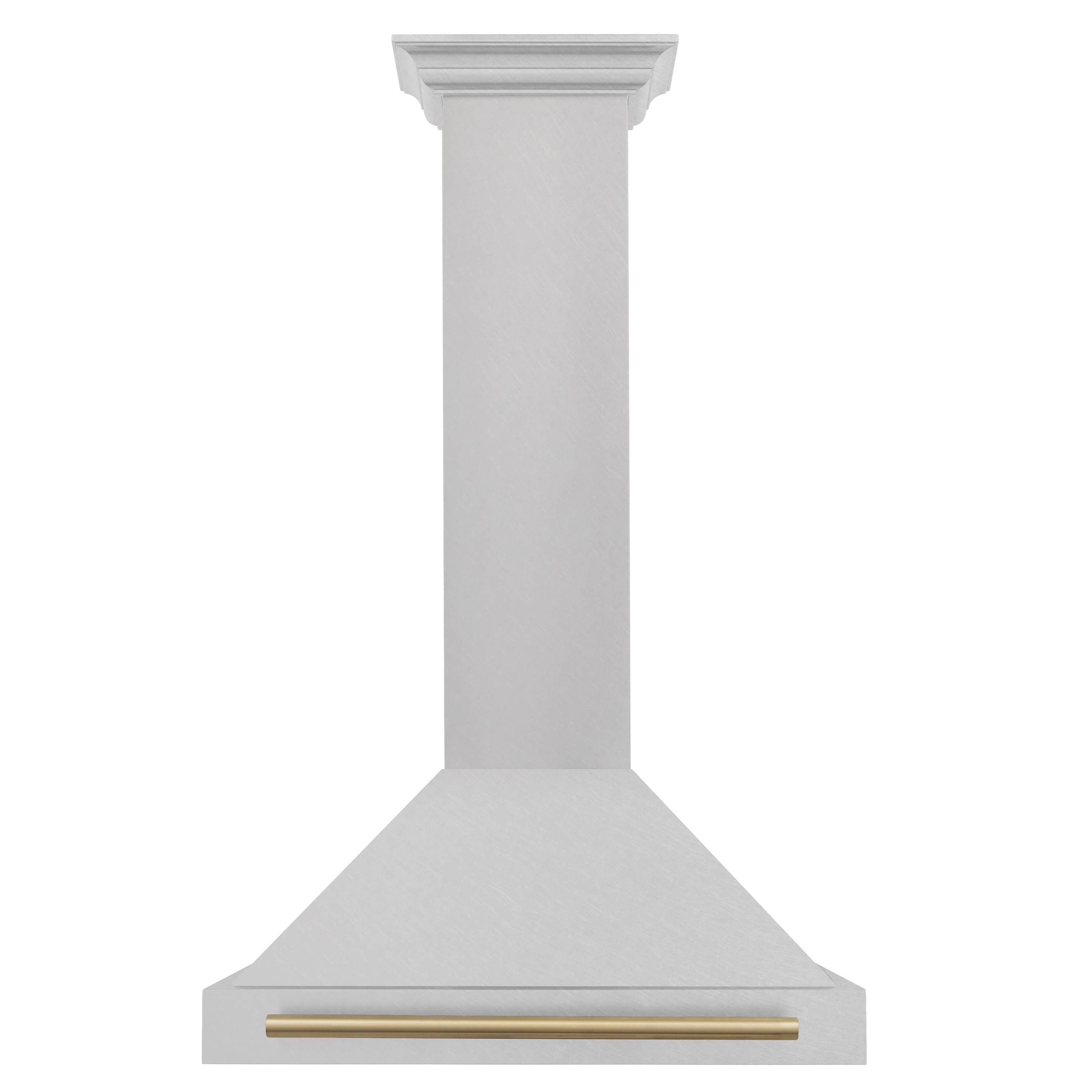 Wall-mounted satin stainless steel range hood with champagne bronze bar at hood opening