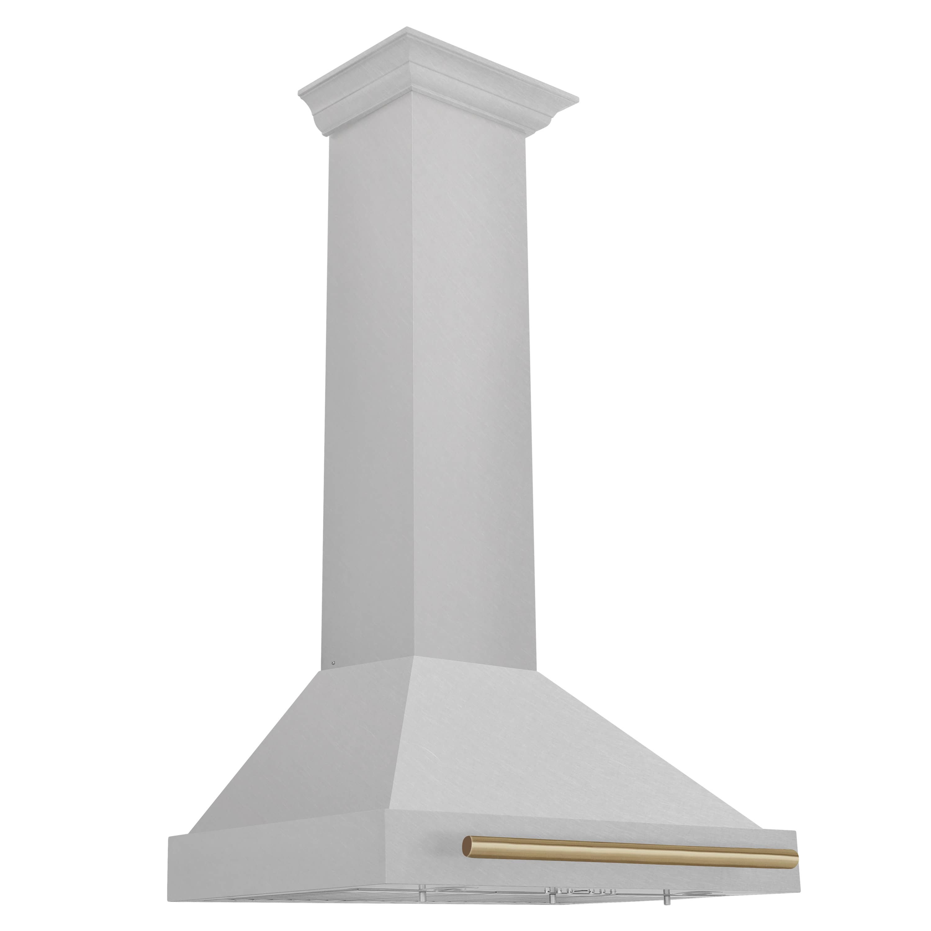 Wall-mounted satin stainless steel range hood, angled view with champagne bronze handle bar