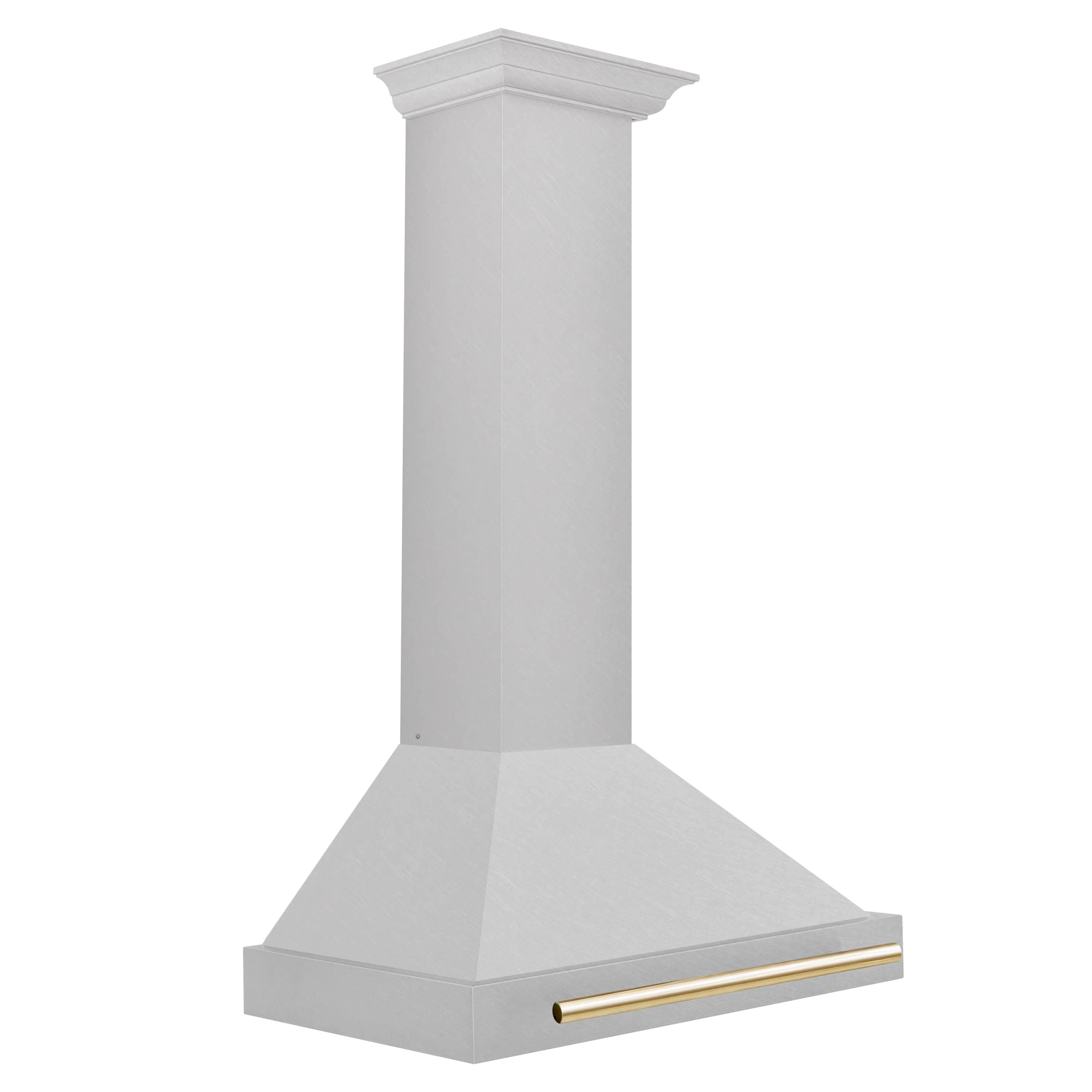 Wall-mounted range hood with satin stainless finish and gold front trim