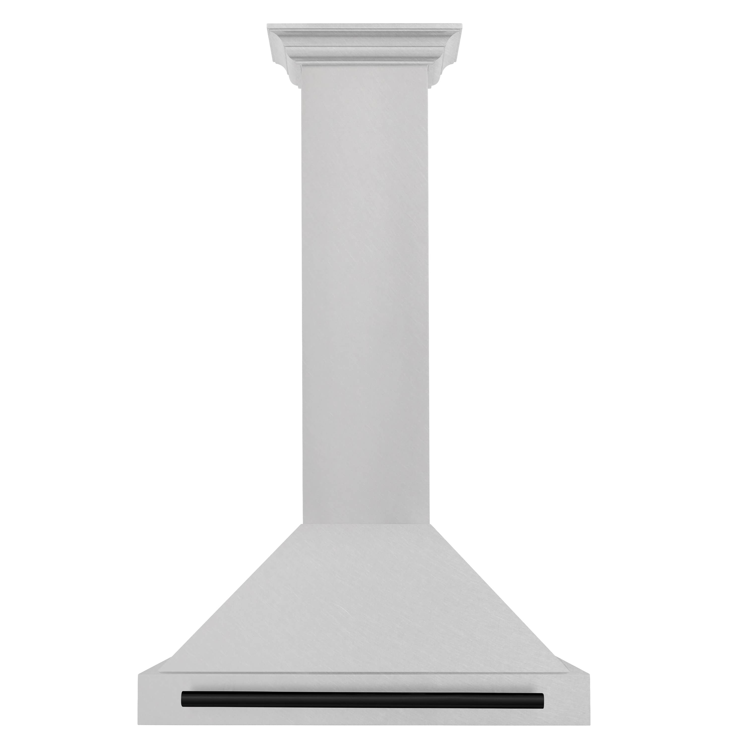 Wall-mounted range hood with satin stainless chimney and matte black horizontal bar