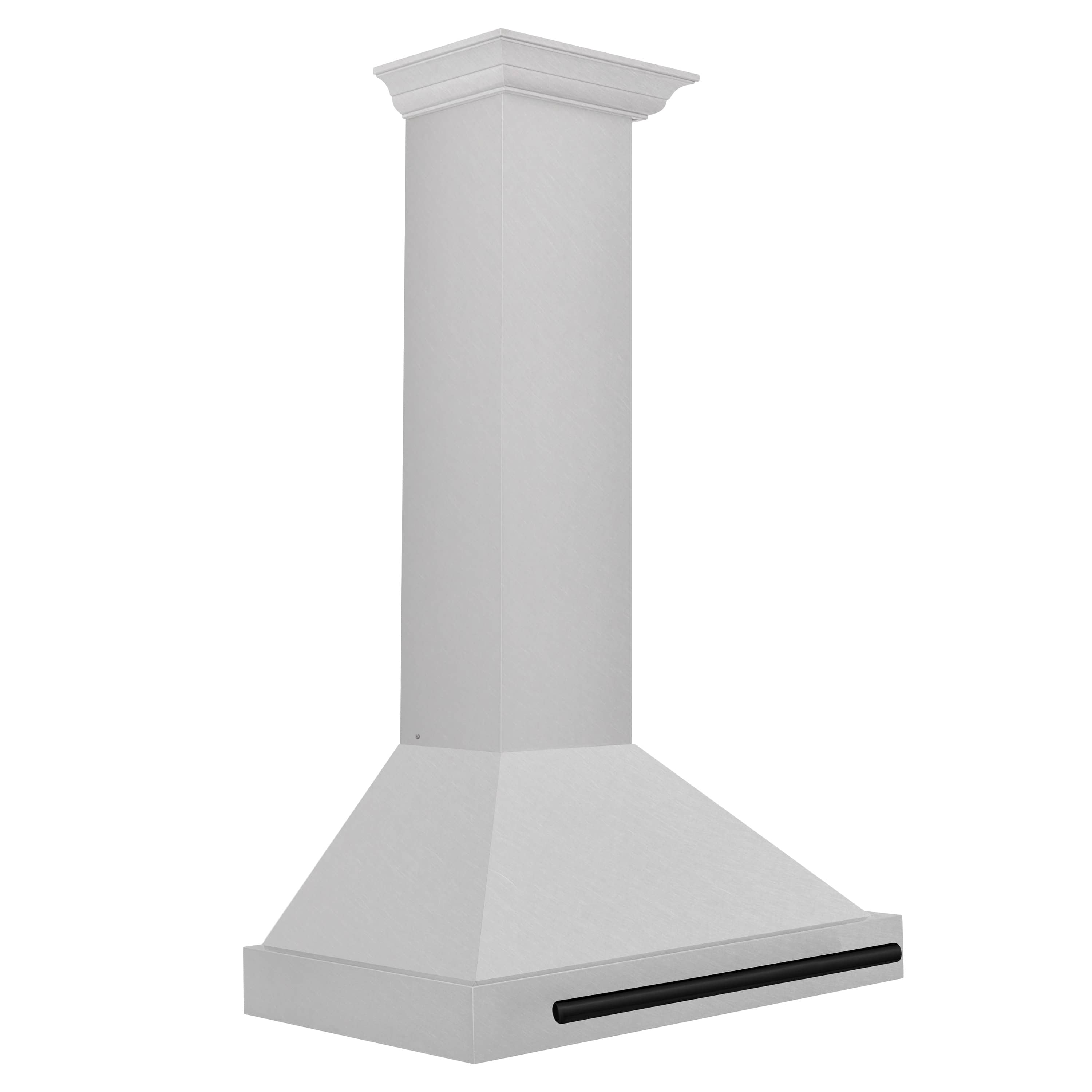 Wall-mounted range hood with satin stainless canopy and long matte black front bar