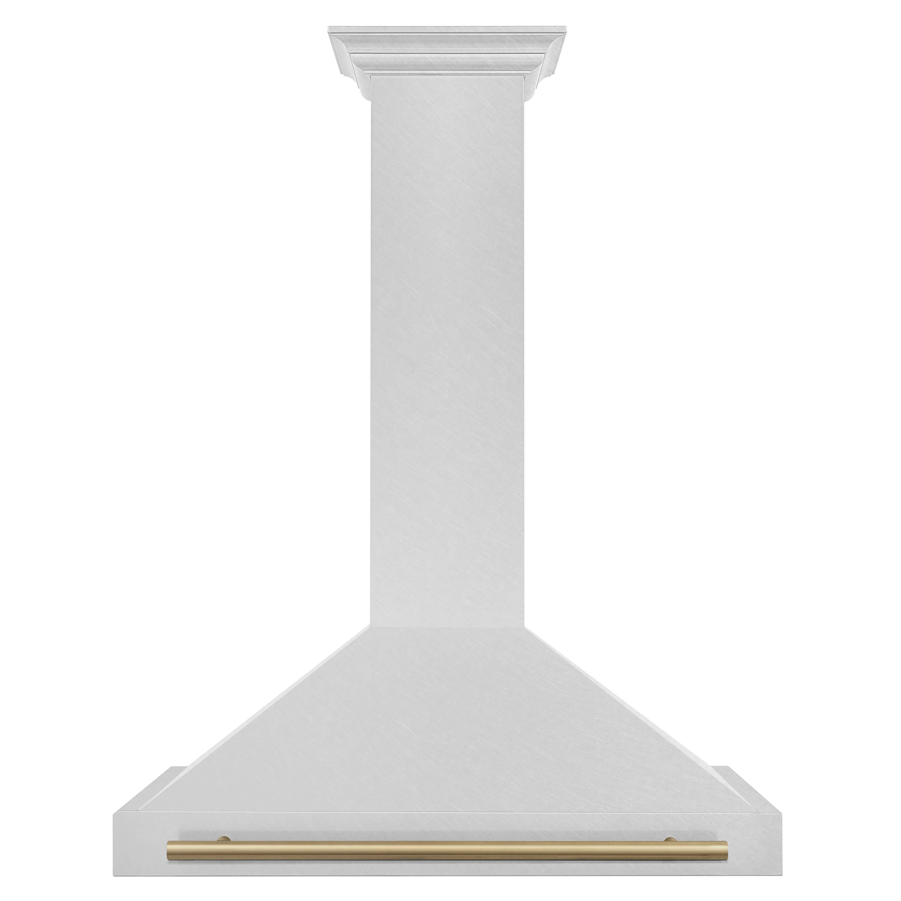 Chimney-style range hood in satin stainless steel with champagne bronze trim bar.