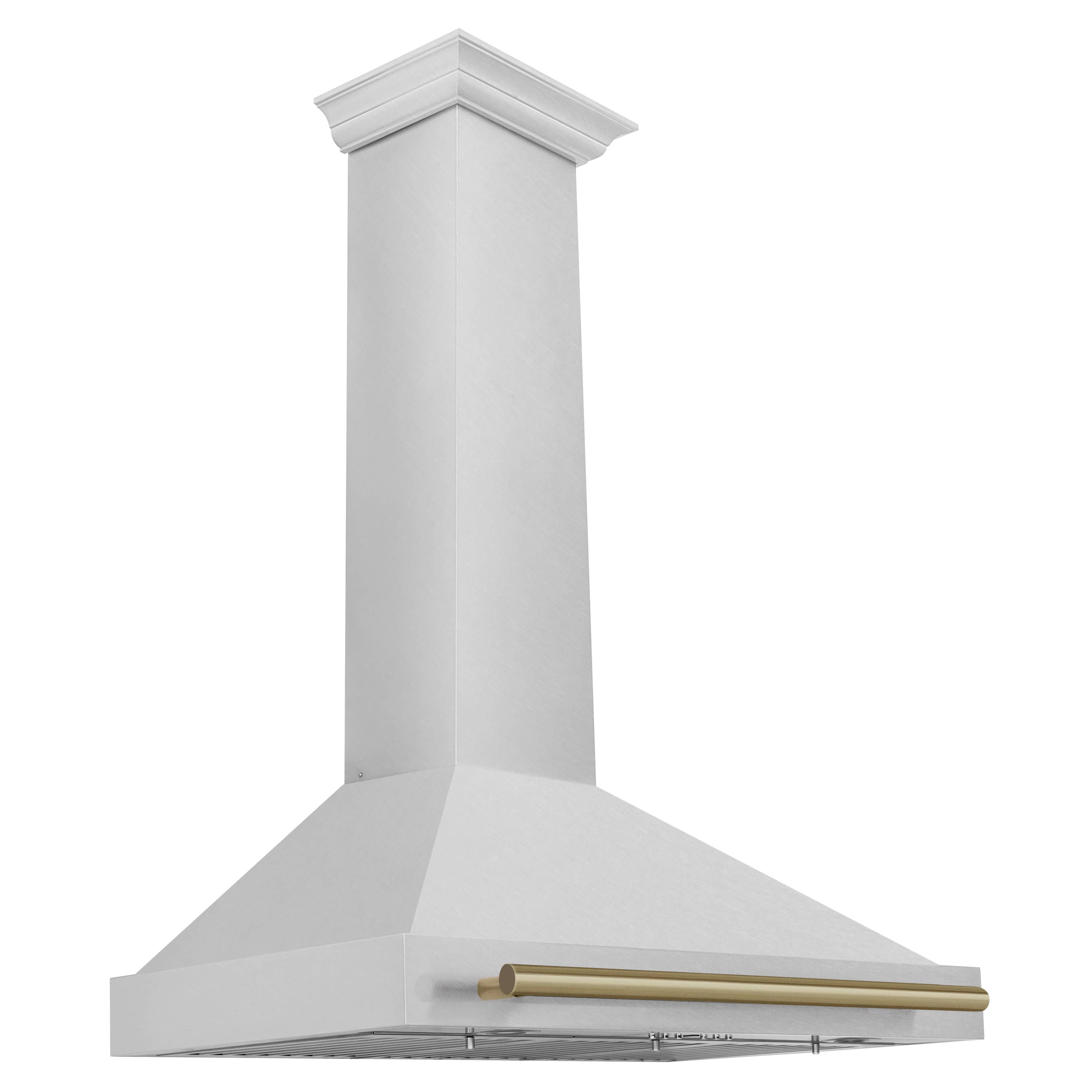 Chimney range hood with satin stainless steel body and champagne bronze trim bar, vented front.