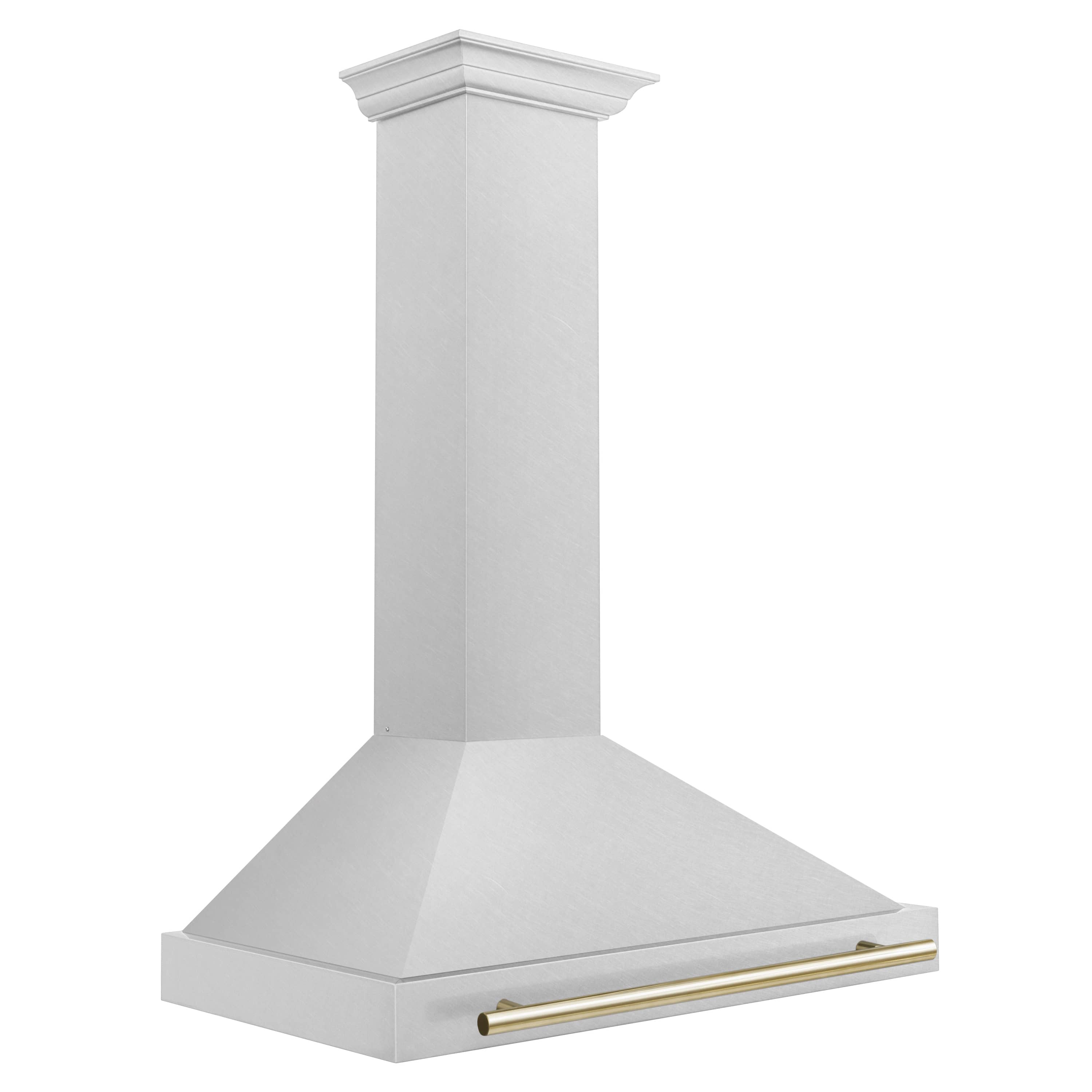 Wall-mounted range hood base with gold bar across the front edge