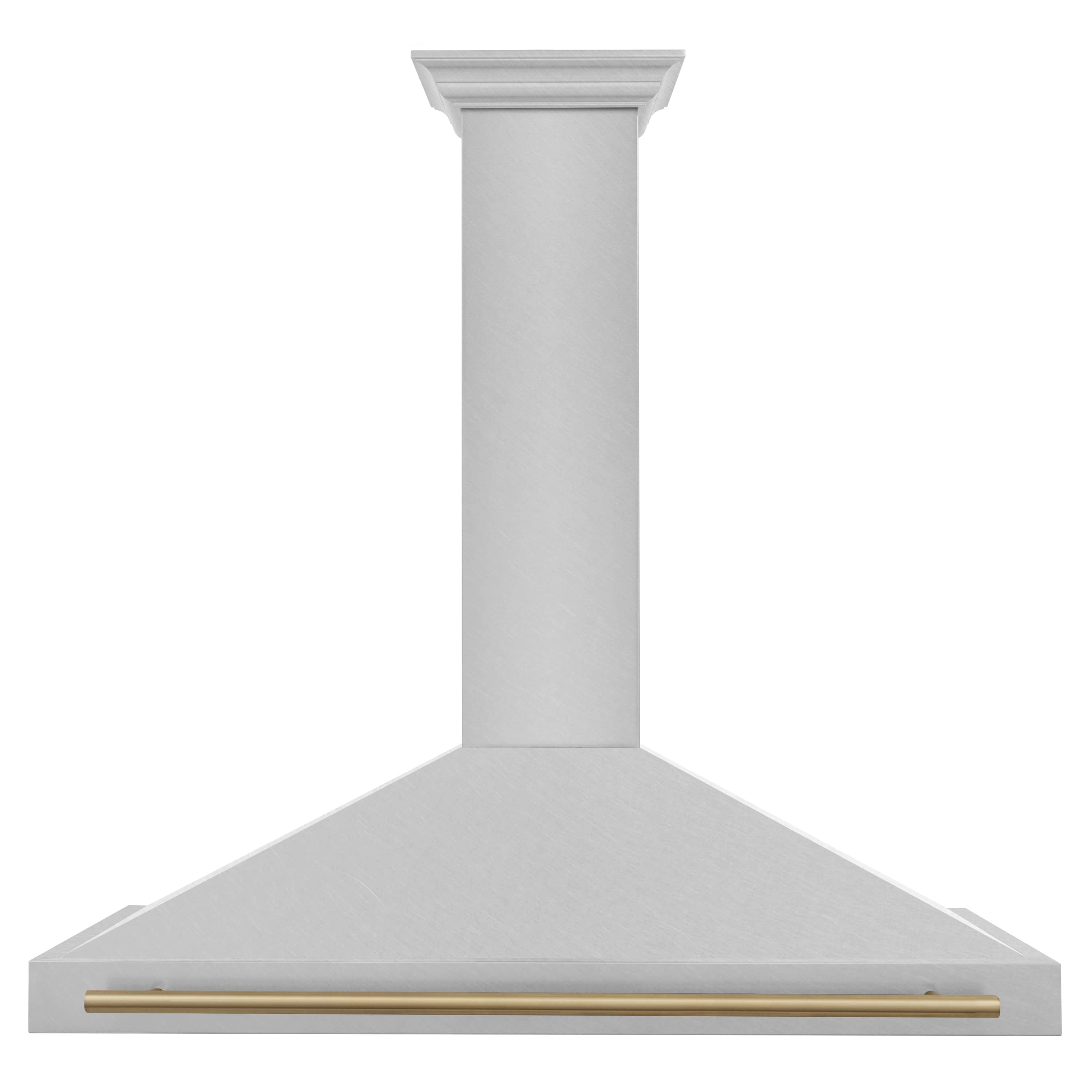 Wall-mounted range hood canopy with satin stainless finish and champagne bronze front bar