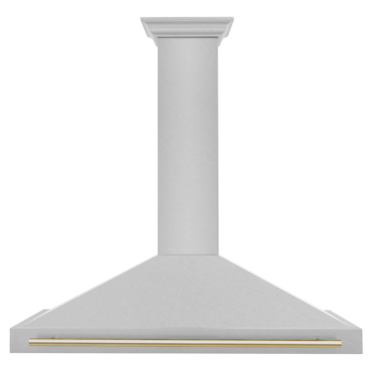Wall-mounted range hood canopy with satin stainless steel finish and gold-edge trim