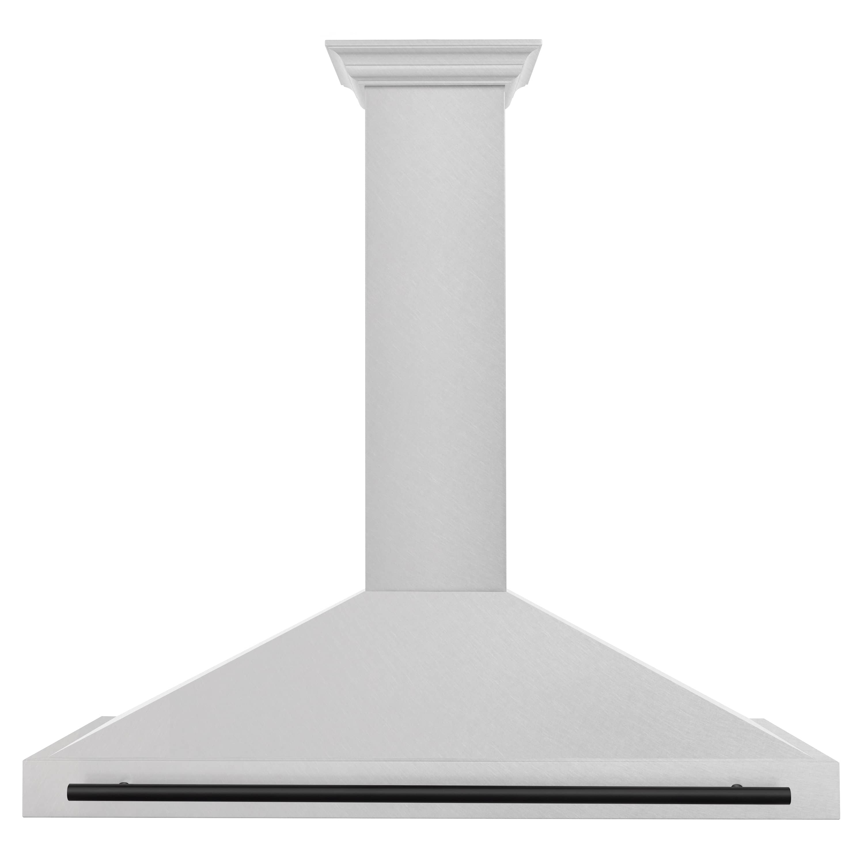 Wall-mounted range hood front view with satin stainless-steel chimney and matte black handle bar