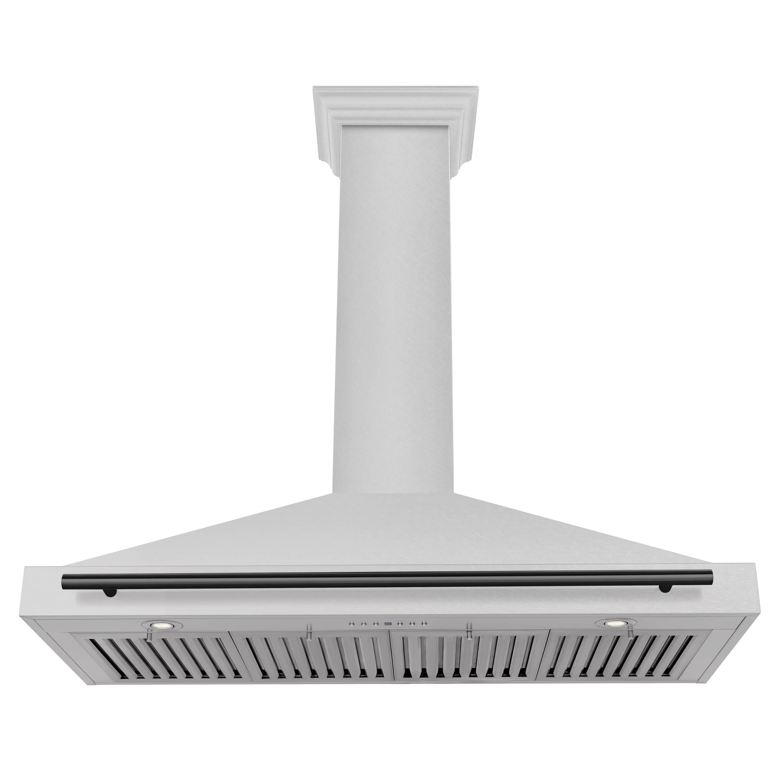 Wall-mounted range hood underside with stainless vent slats and matte black handle bar