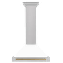 ZLINE 30-Inch Autograph Edition Wall Mounted Range Hood in Satin Stainless Steel with White Matte Shell and Champagne Bronze Handle (KB4SNZ-WM30-CB)