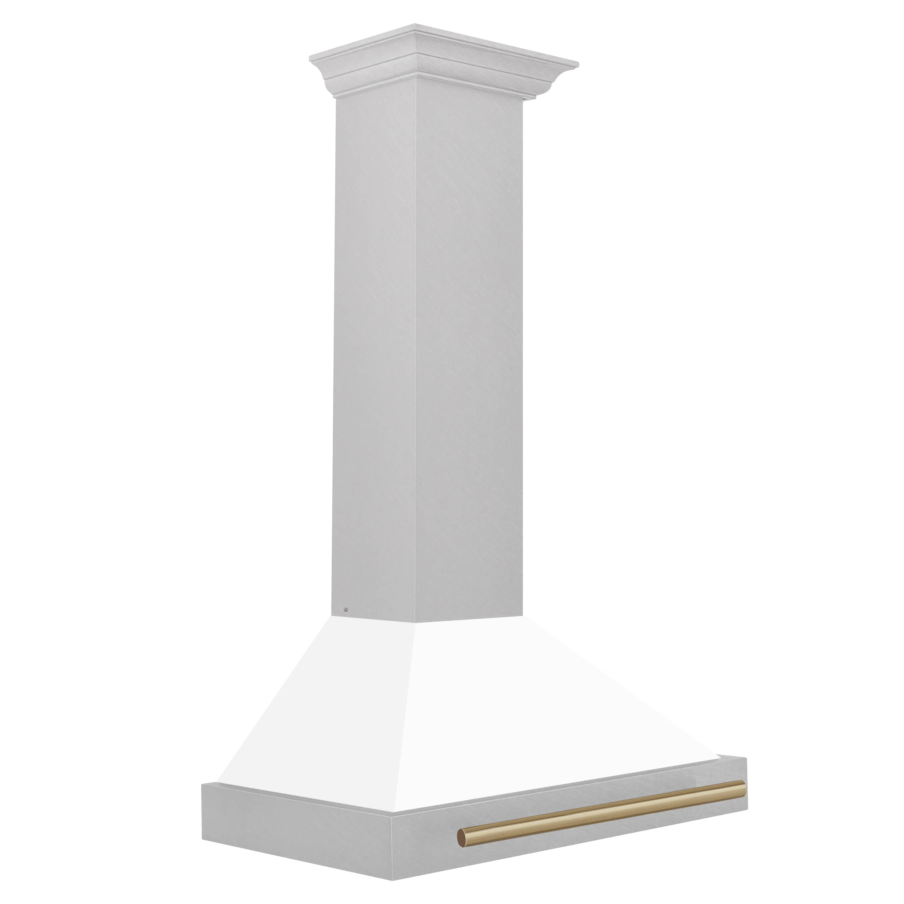 Range hood chimney and front vent panel in white matte with champagne bronze bar handle