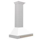 ZLINE 30-Inch Autograph Edition Wall Mounted Range Hood in Satin Stainless Steel with White Matte Shell and Champagne Bronze Handle (KB4SNZ-WM30-CB)