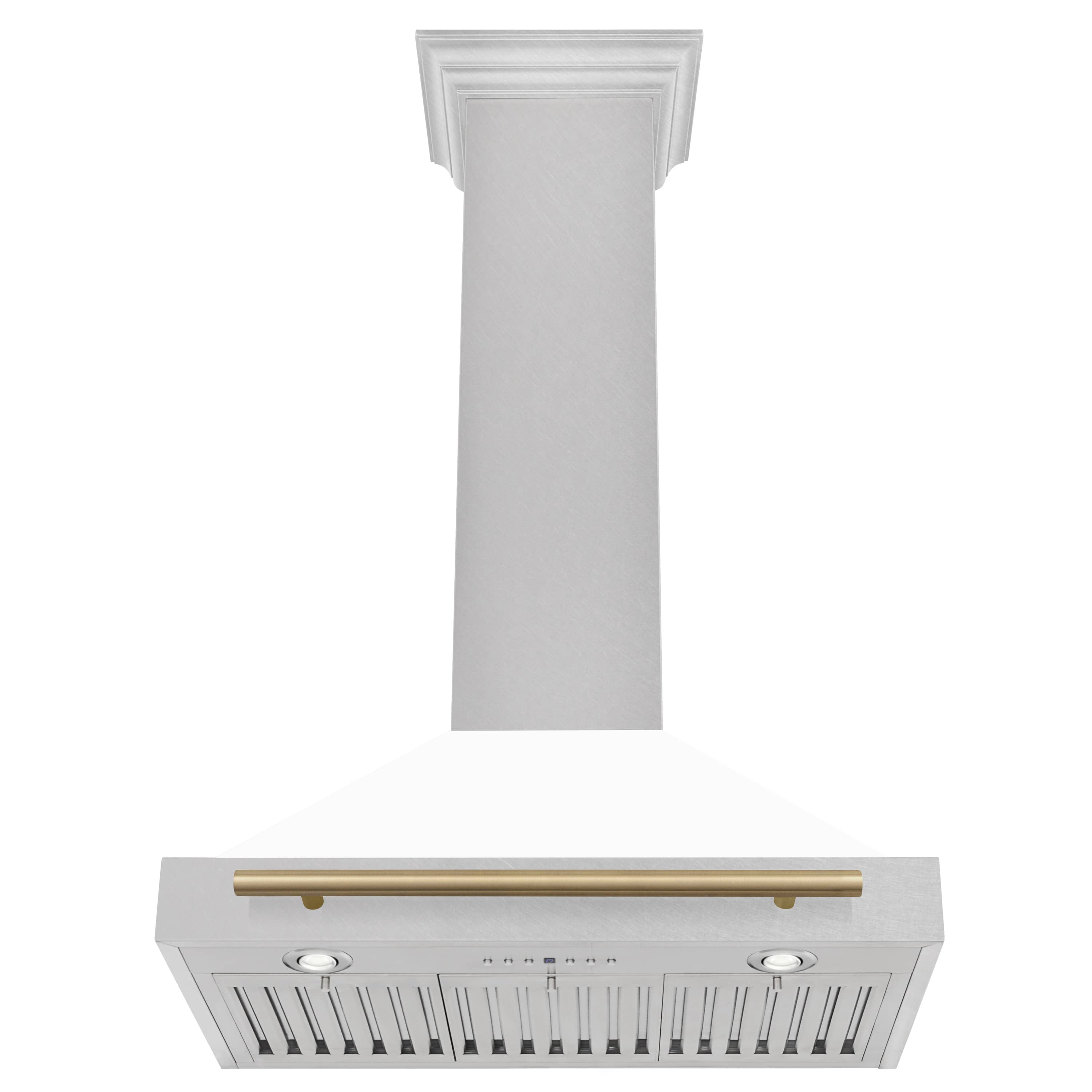 Underside view of range hood with white matte chimney, bronze bar, and vent filters