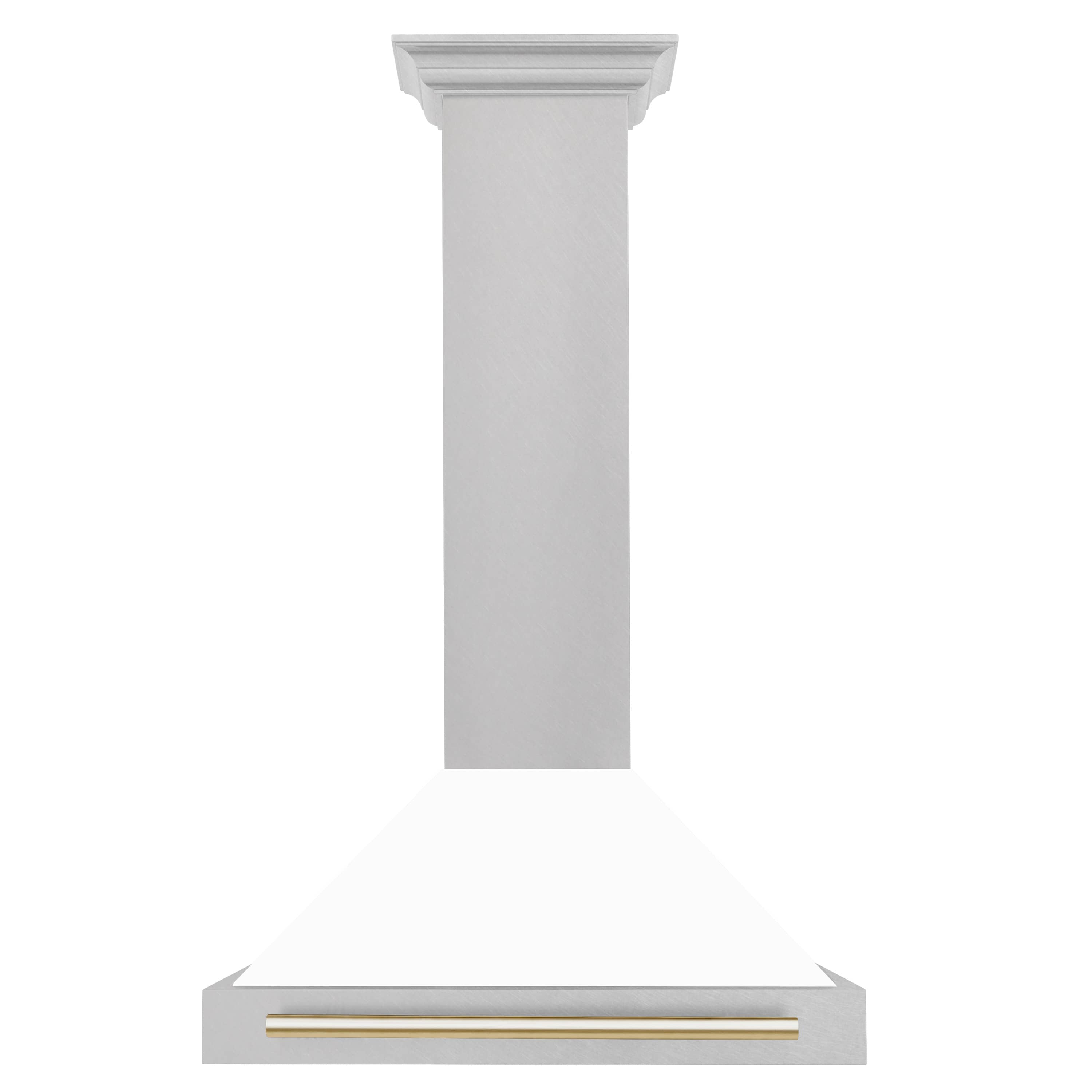 White matte wall range hood with gold horizontal vent trim