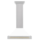 ZLINE 30-Inch Autograph Edition Wall Mounted Range Hood in Satin Stainless Steel with White Matte Shell and Gold Handle (KB4SNZ-WM30-G)