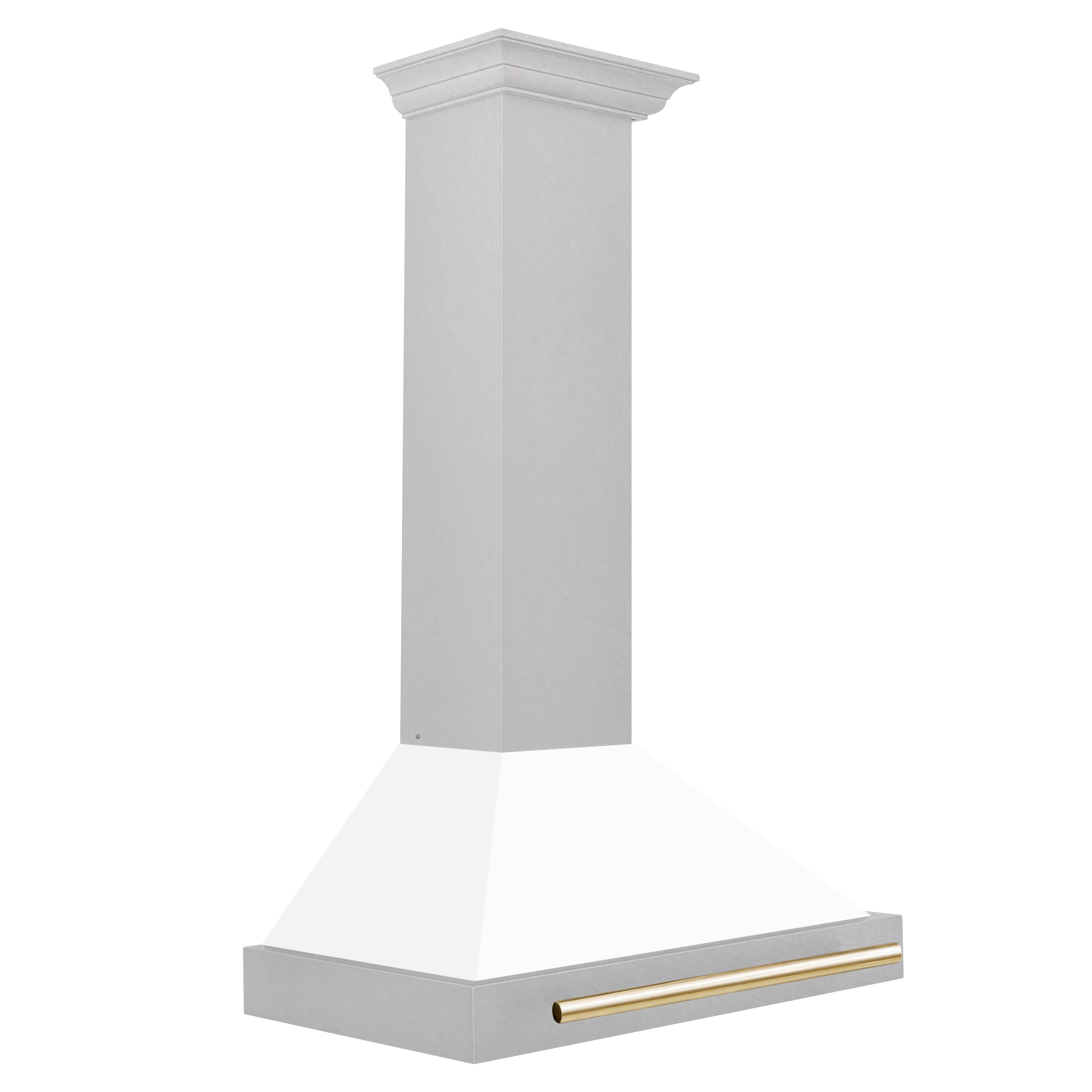 White matte wall range hood with gold bar accent on the chimney