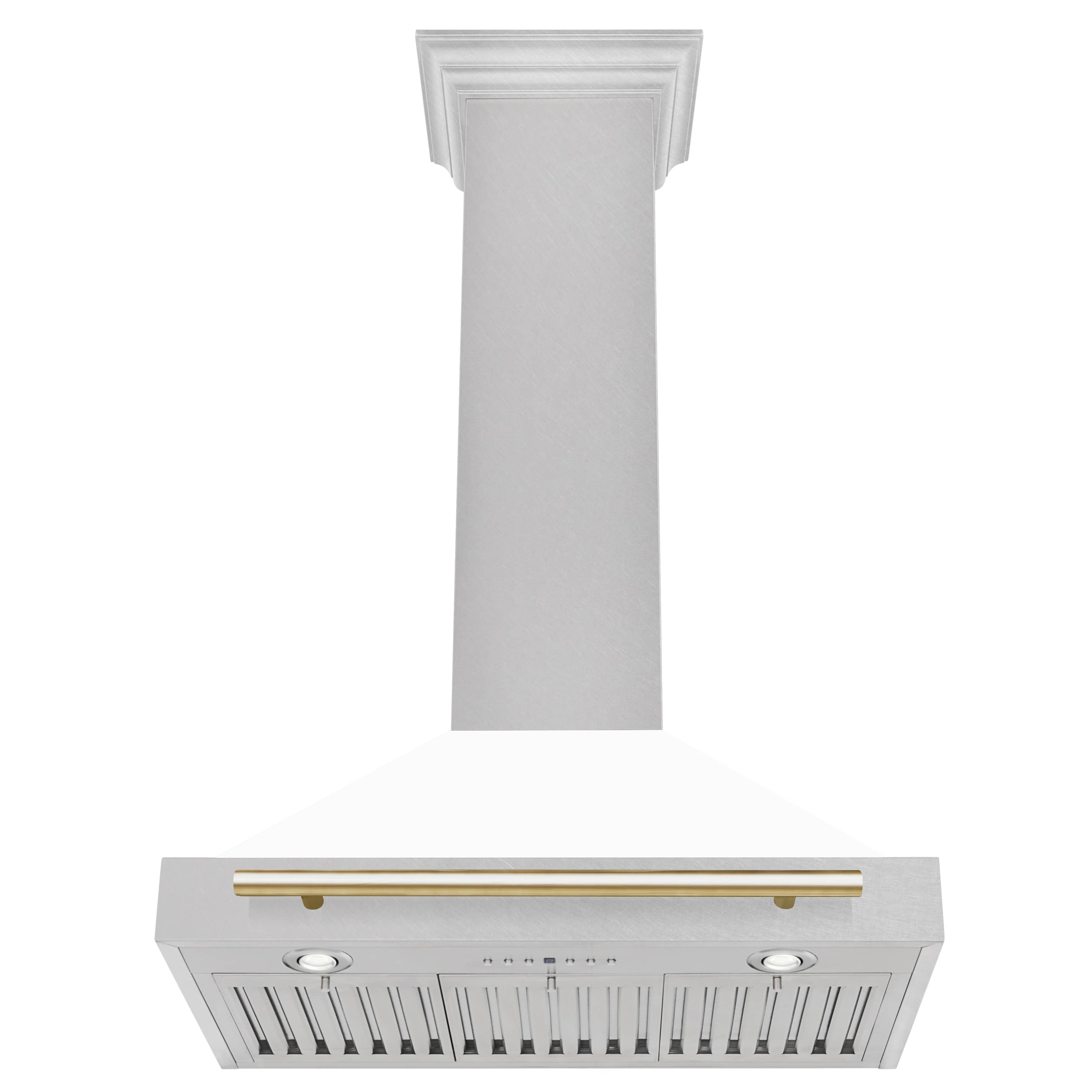 White wall range hood underside with vent grille and gold horizontal bar