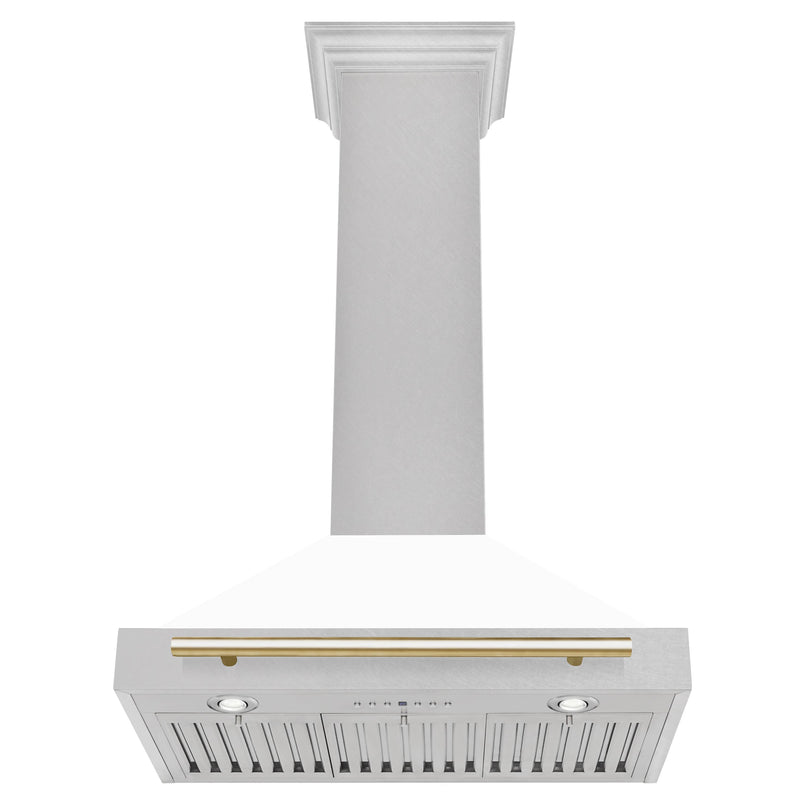 ZLINE 30-Inch Autograph Edition Wall Mounted Range Hood in DuraSnow® Stainless Steel with White Matte Shell and Gold Handle (KB4SNZ-WM30-G)