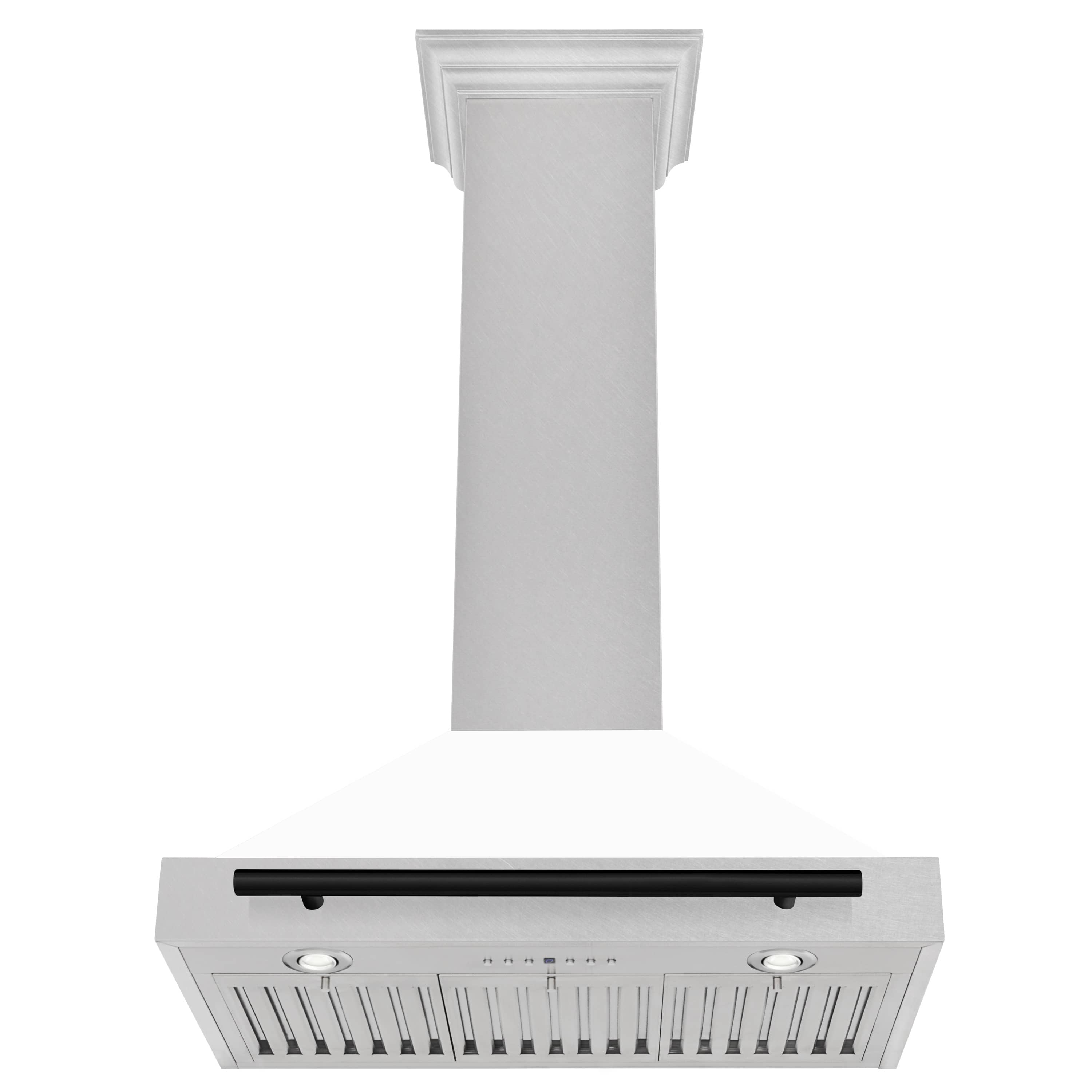 Wall-mounted range hood with white vent grille, matte black bar handle, control knobs